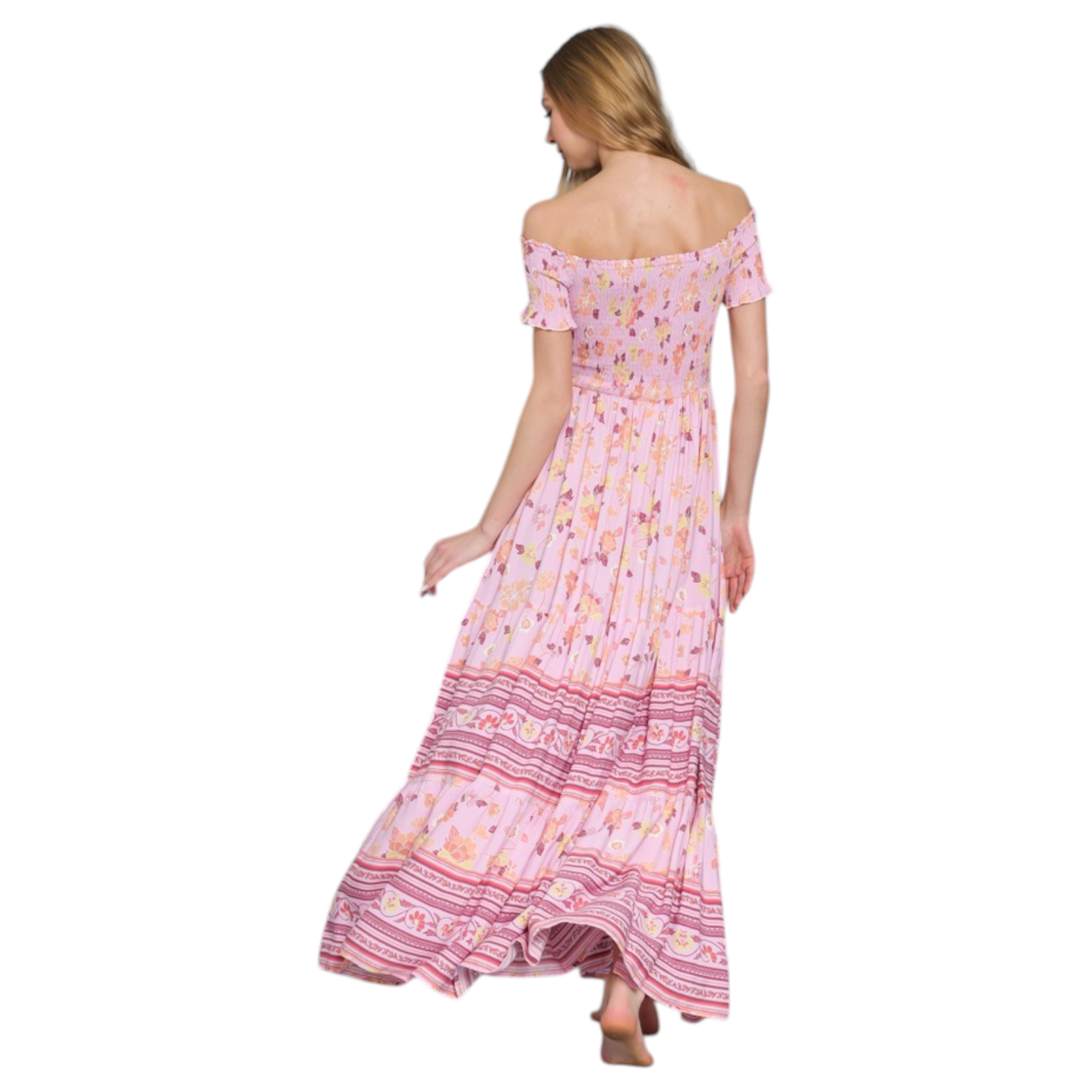 AAKAA AAKAA OFF SHOULDER SMOCKED TIERED BORDER DRESS DA28592D