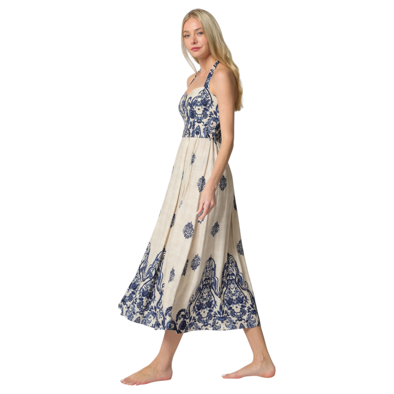 AAKAA AAKAA HALTER BUTTON UP SMOCKED BACK MIDI DRESS DA32128H