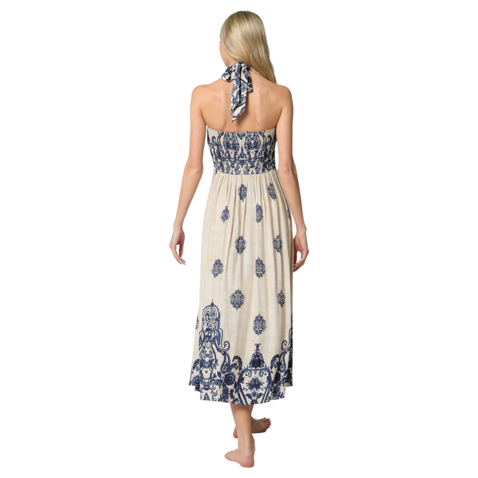 AAKAA AAKAA HALTER BUTTON UP SMOCKED BACK MIDI DRESS DA32128H