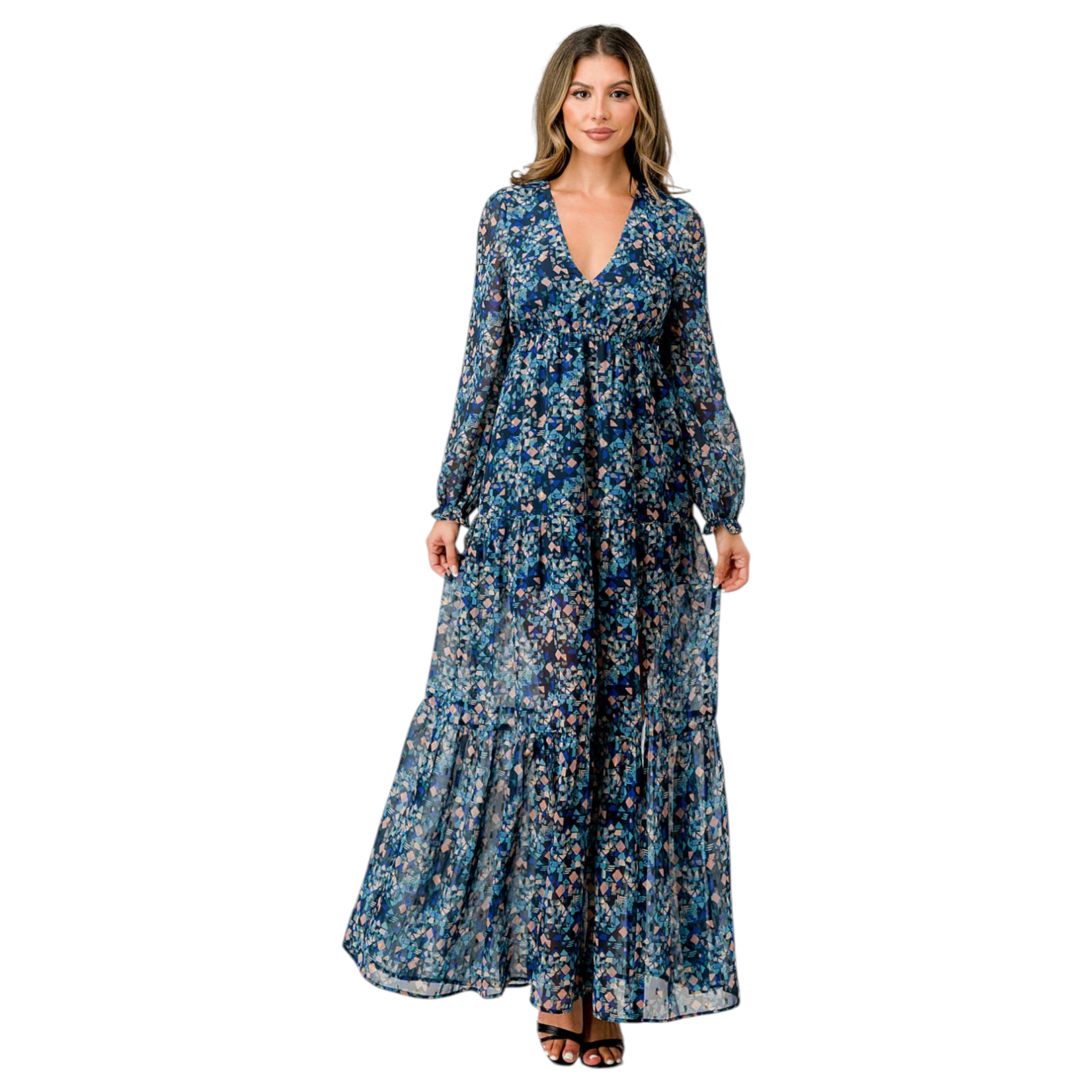 MILEY & MOLLY MILEY & MOLLY GEO PRINT LONG SLEEVE MAXI DRESS M6165ST-2