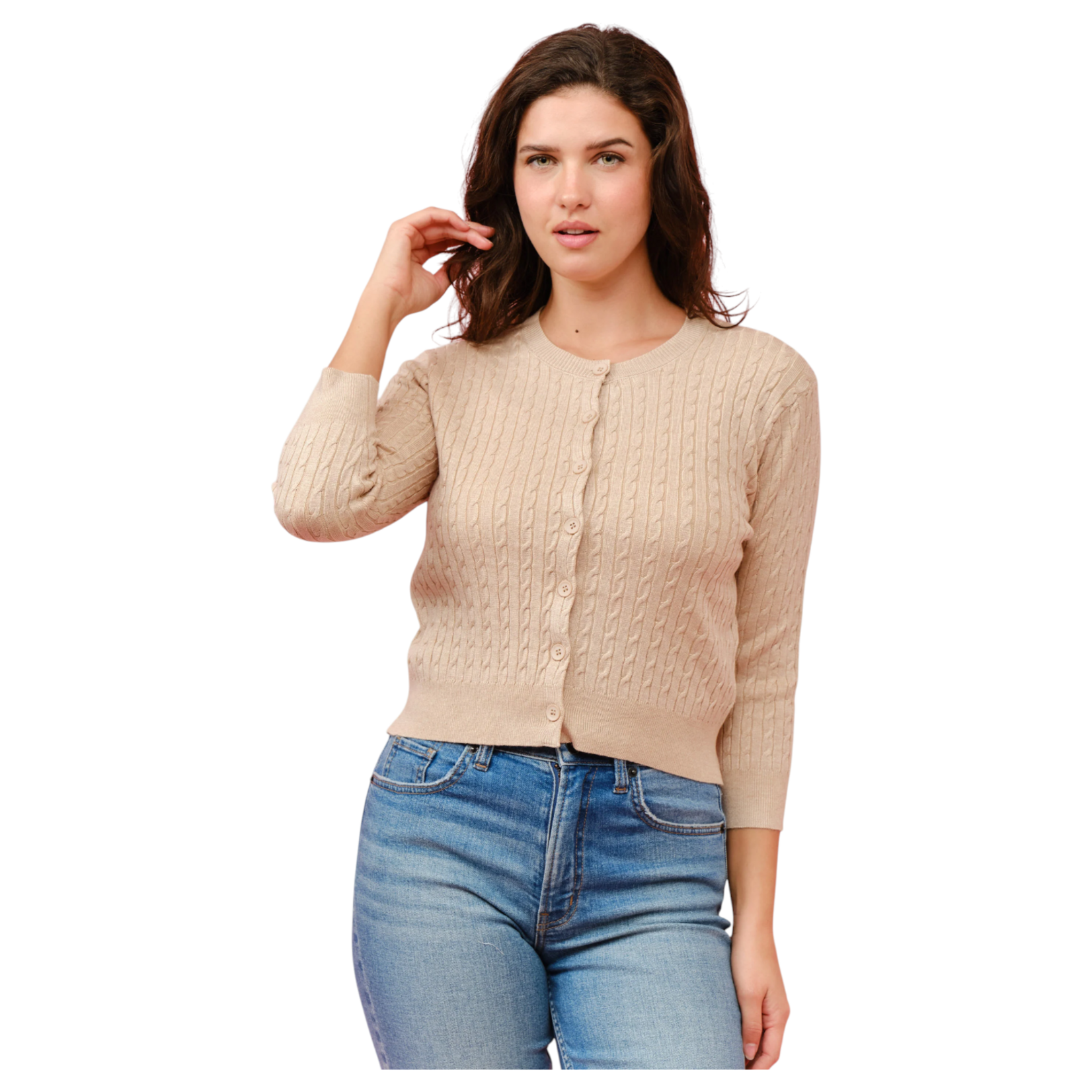 CIELO CIELO CABLE CREW NECK BUTTON UP CARDIGAN SW258