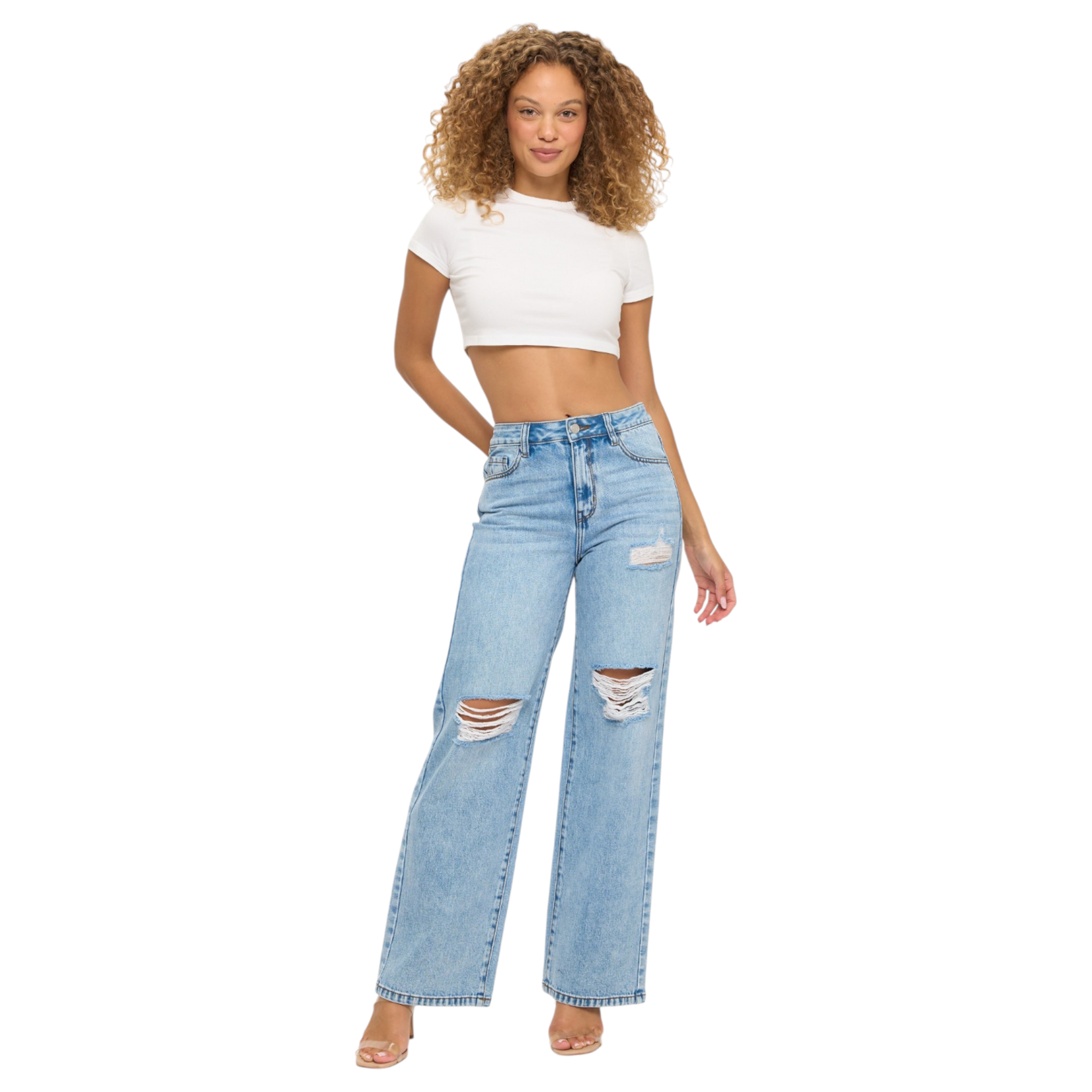 ENCORE JEANS ENCORE DESTRUCTED WIDE LEG JEAN V2626L