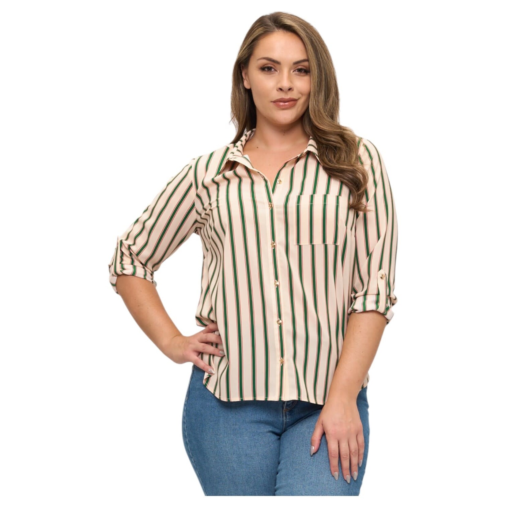 DNA DNA PLUS STRIPE BUTTON UP ROLL TAB SLEEVE TOP 6488XB-18217