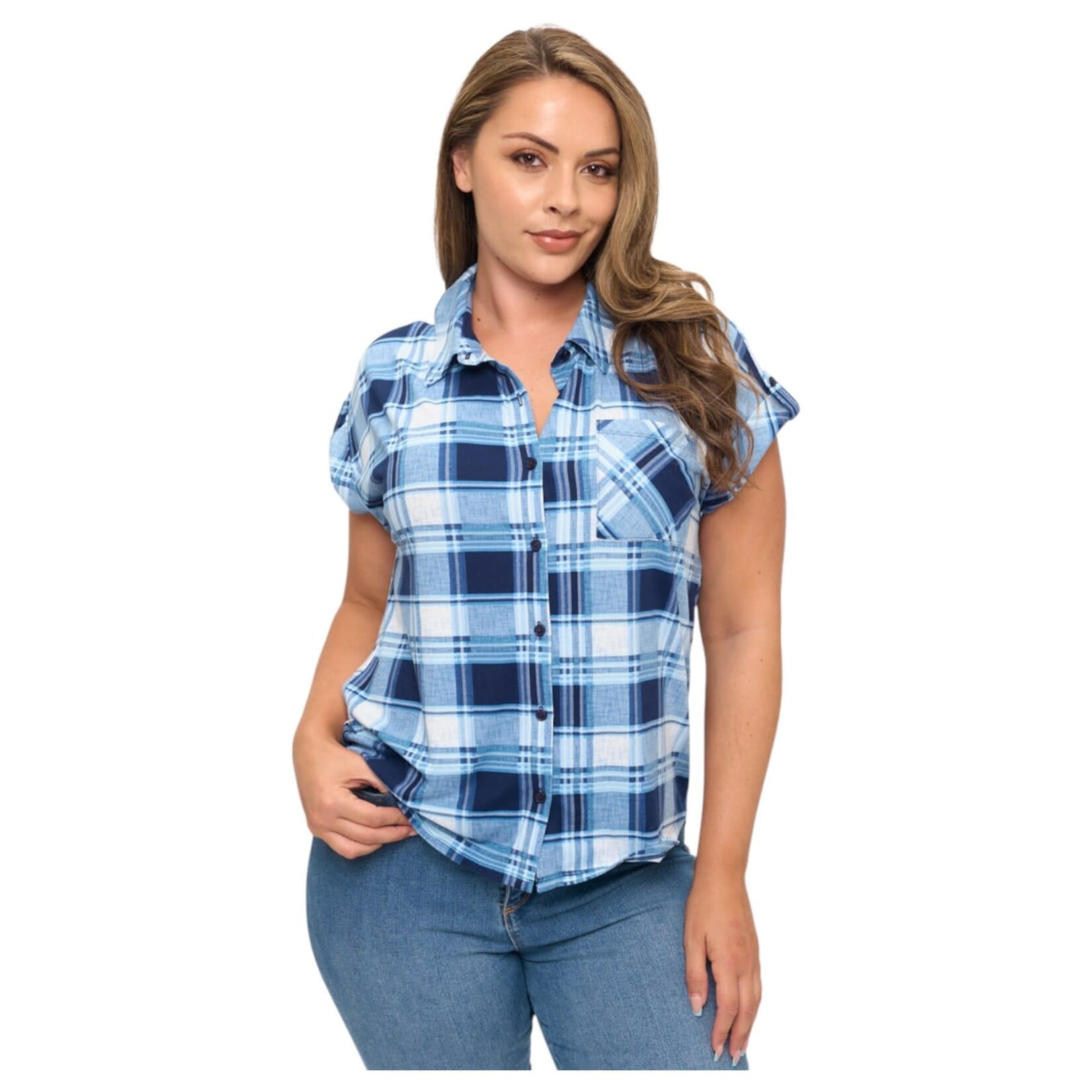 DNA DNA PLUS PLAID SHORT SLEEVE BUTTON UP TOP 6453XB-24076