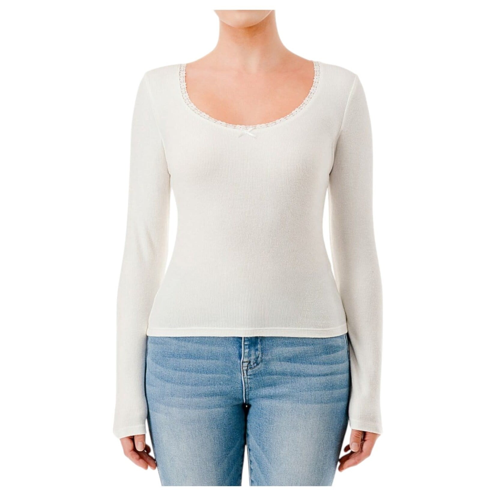 AMBIANCE APPAREL AMBIANCE RIBBED LACE TRIM LONG SLEEVE TOP 76739
