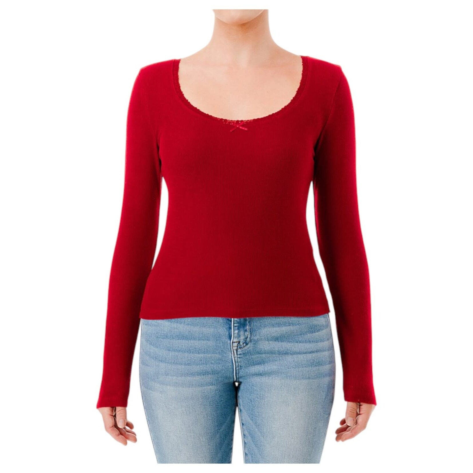 AMBIANCE APPAREL AMBIANCE RIBBED LACE TRIM LONG SLEEVE TOP 76739