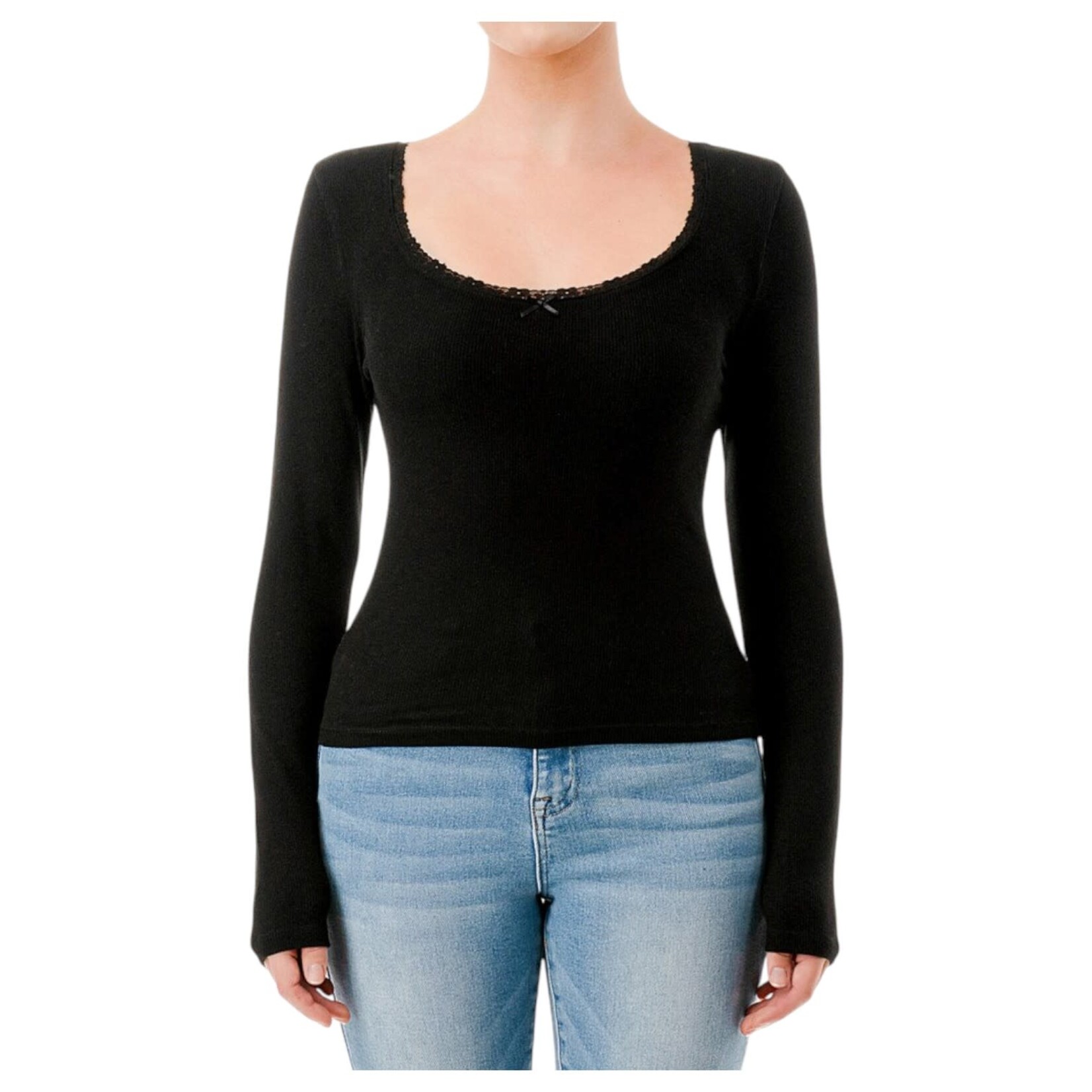 AMBIANCE APPAREL AMBIANCE RIBBED LACE TRIM LONG SLEEVE TOP 76739