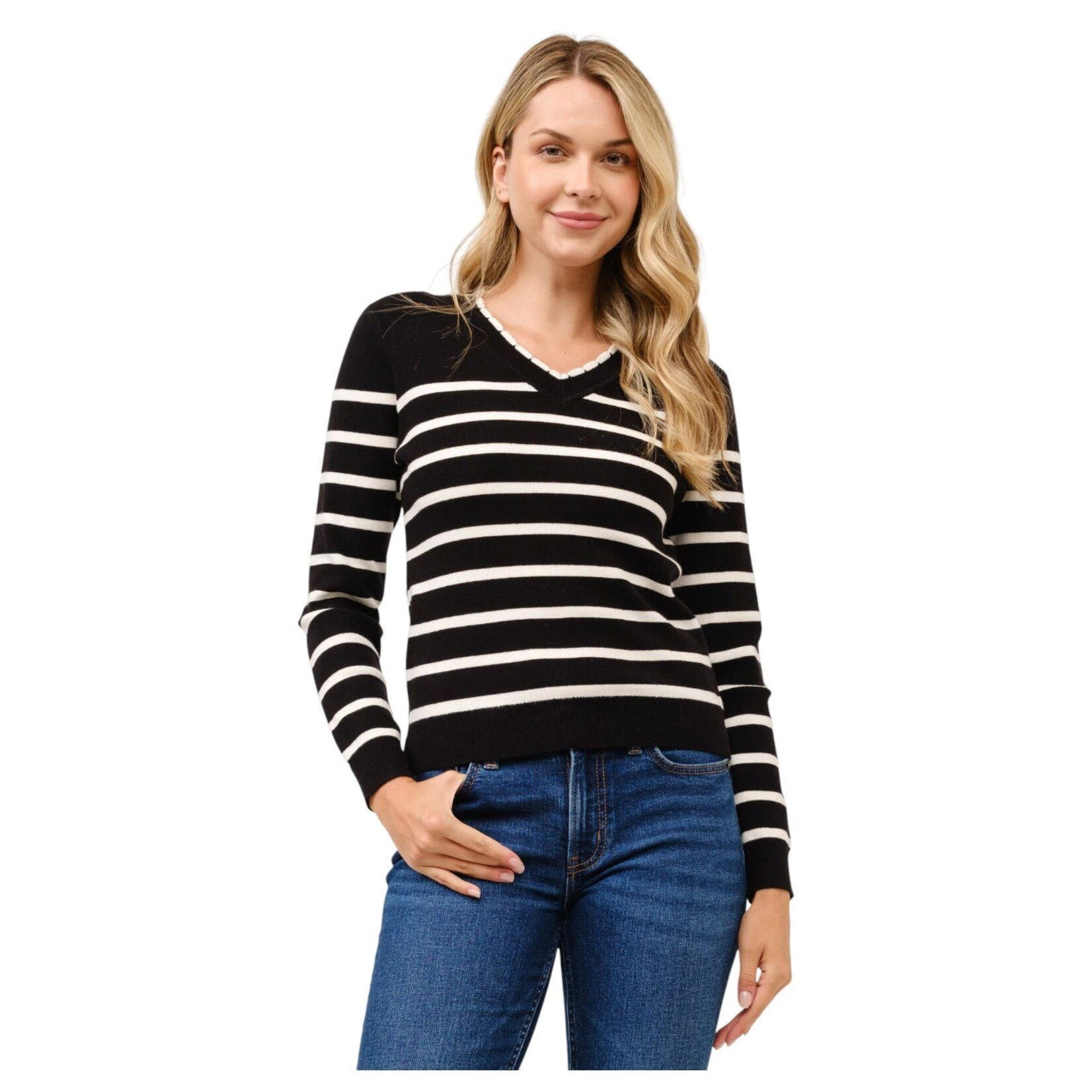 CIELO CIELO STRIPE V-NECK PULL OVER SWEATER  SW103