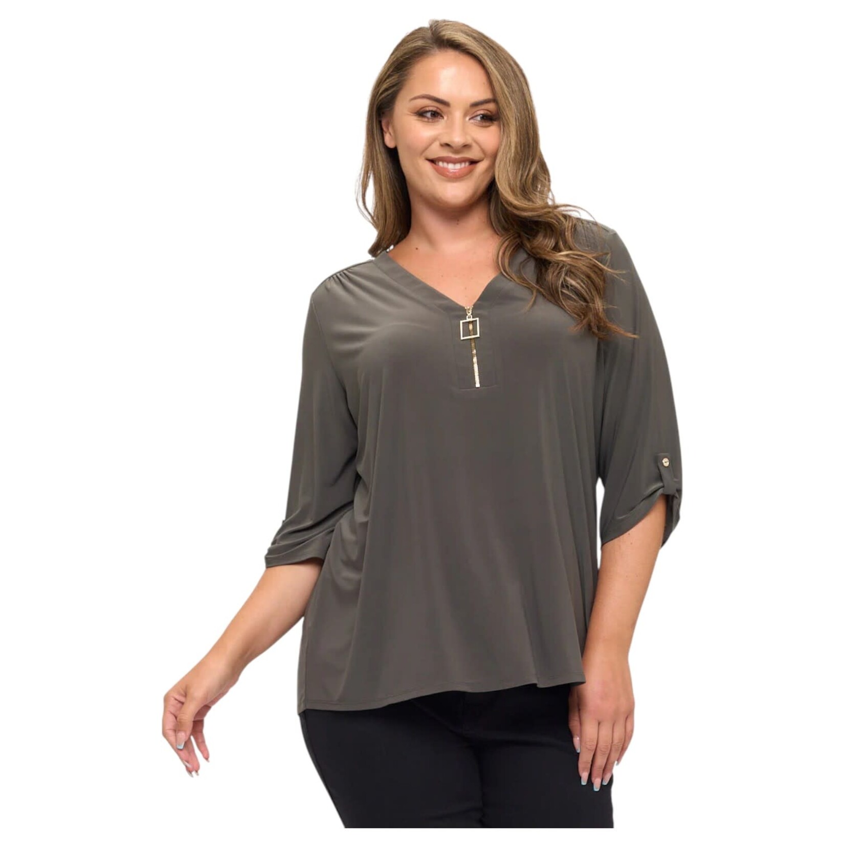 PERSEPTION PERSEPTION PLUS 3/4 SLEEVE SQUARE ZIPPER TOP TP-WM-1425
