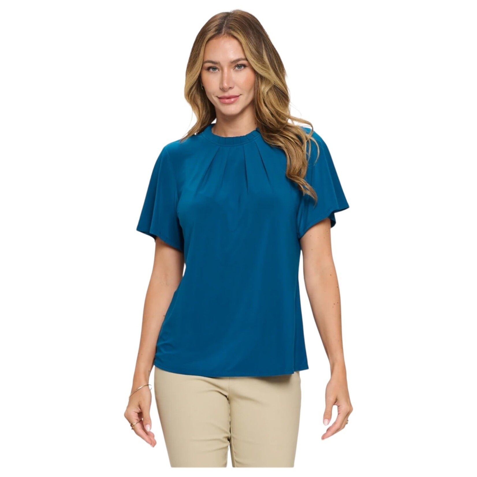 PERSEPTION PERSEPTION PLEATED RUFFLE NECK SHORT SLEEVE TOP TP-MS-1462