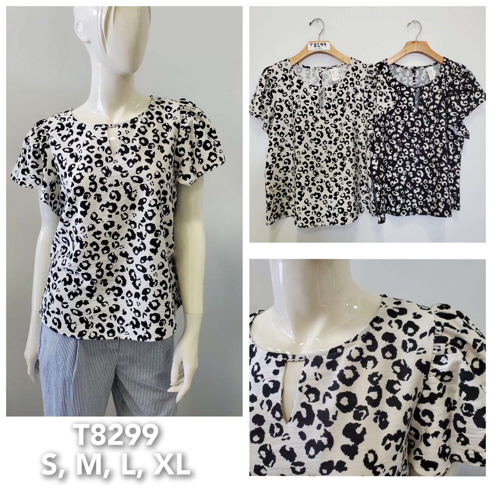 BON AMI BON AMI FRILLED CAP SLEEVE SLEEVE KEYHOLE CHEETAH PRINT TOP T8299