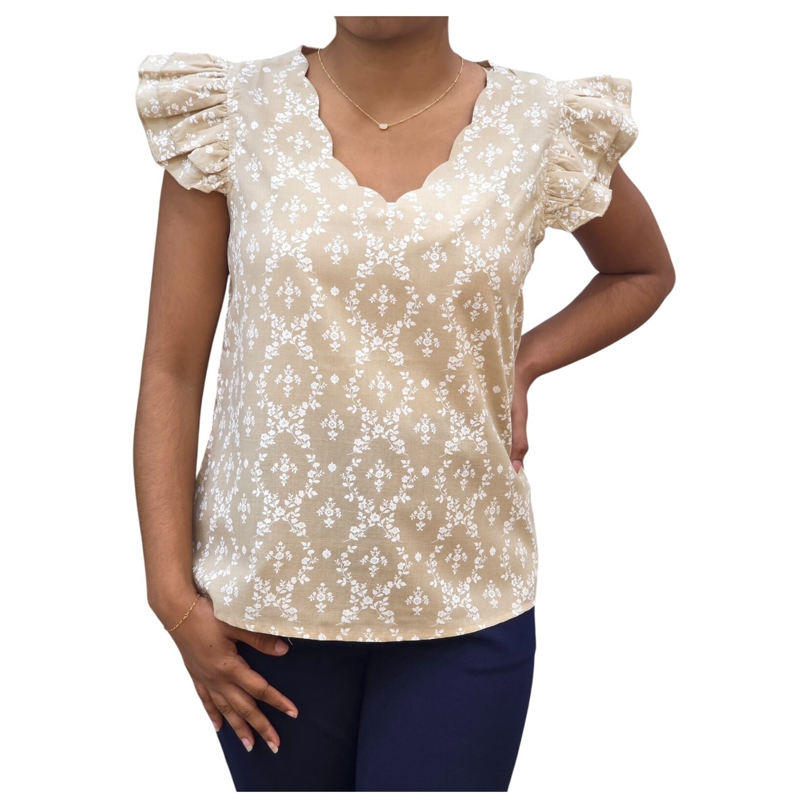 BON AMI BON AMI FRILL CAP SLEEVE SCALLOPED NECKLINE FLORAL TOP T51119W
