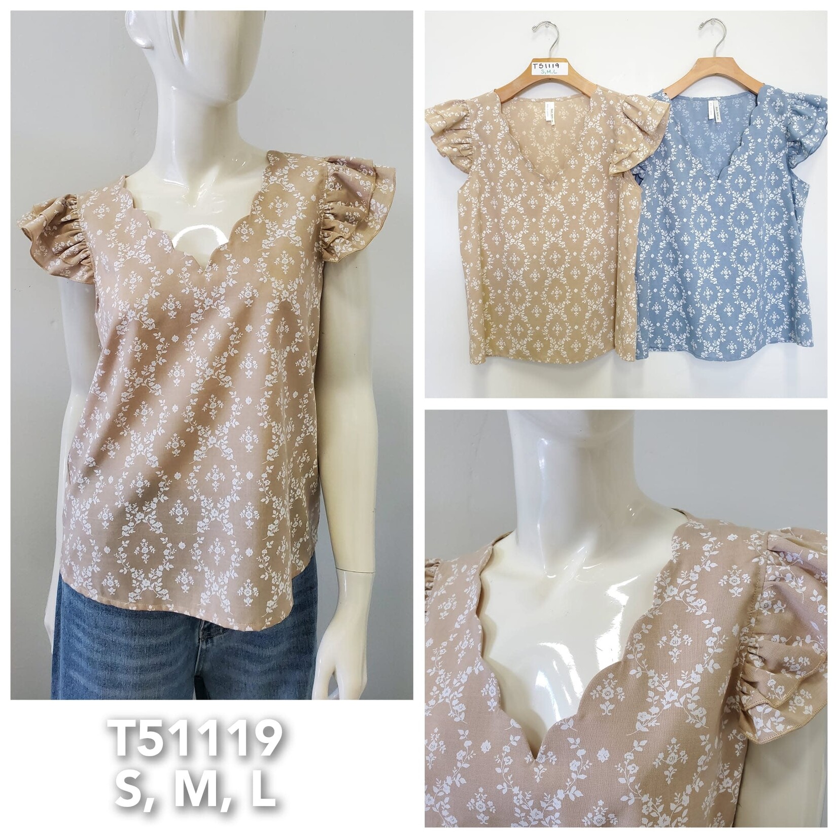 BON AMI BON AMI FRILL CAP SLEEVE SCALLOPED NECKLINE FLORAL TOP T51119W