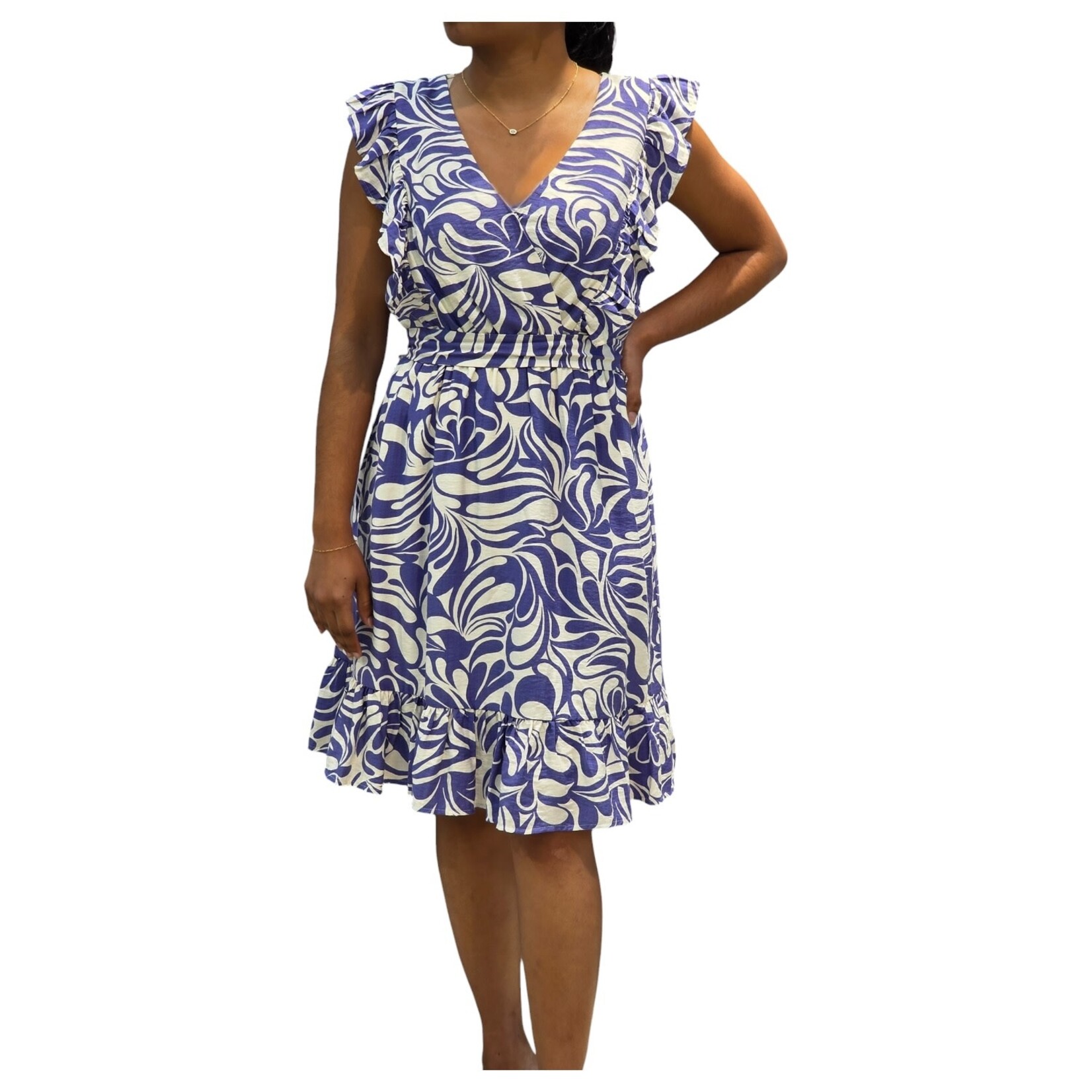 BON AMI BON AMI ABSTRACT PRINT FRILL CAP SLEEVE WITH TIE BELT MIDI DRESS D51121