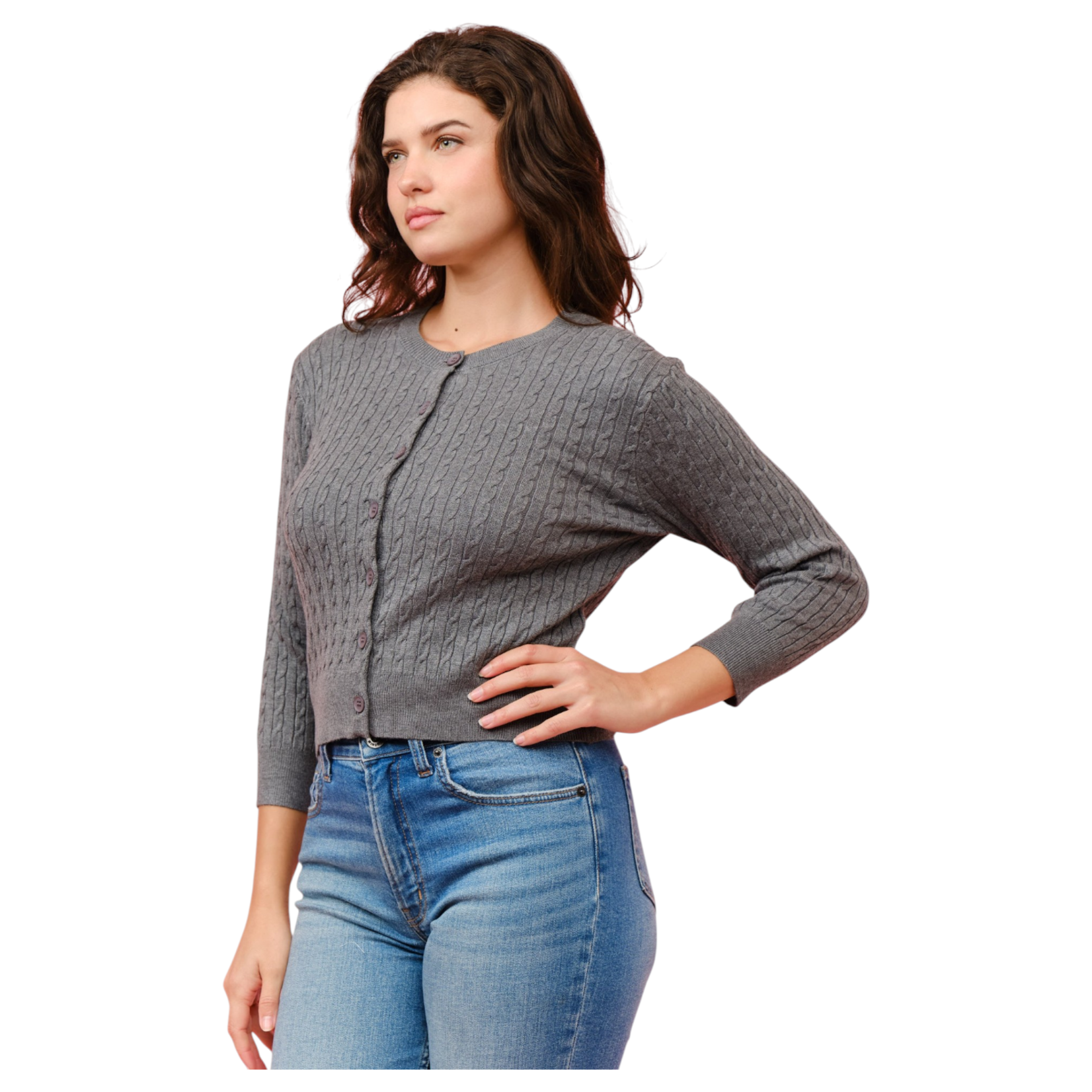 CIELO CIELO CABLE CREW NECK BUTTON UP CARDIGAN SW258