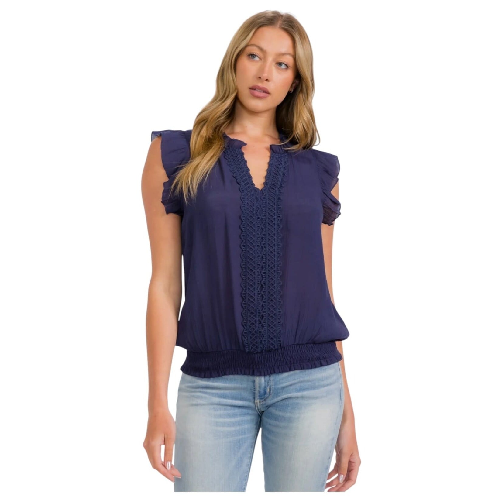 PERSEPTION PERSEPTION CROCHET CENTER SMOCKING HEM TANK TP-MS-2051