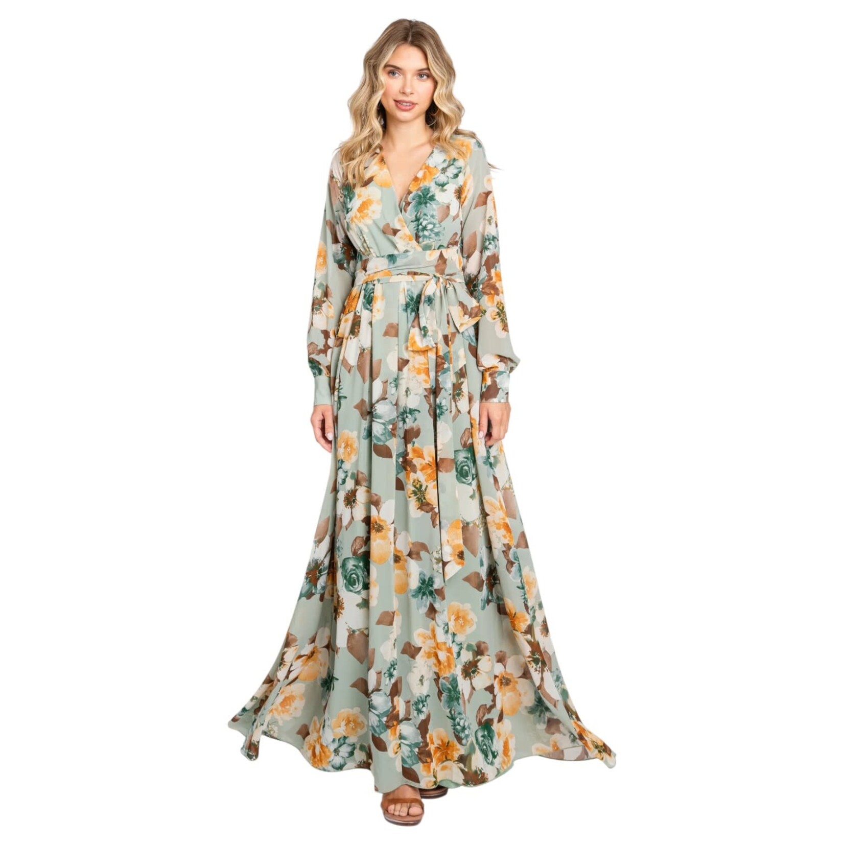 ONE THE LAND ONE THE LAND FLORAL LONG SLEEVE MAXI DRESS OL24A101