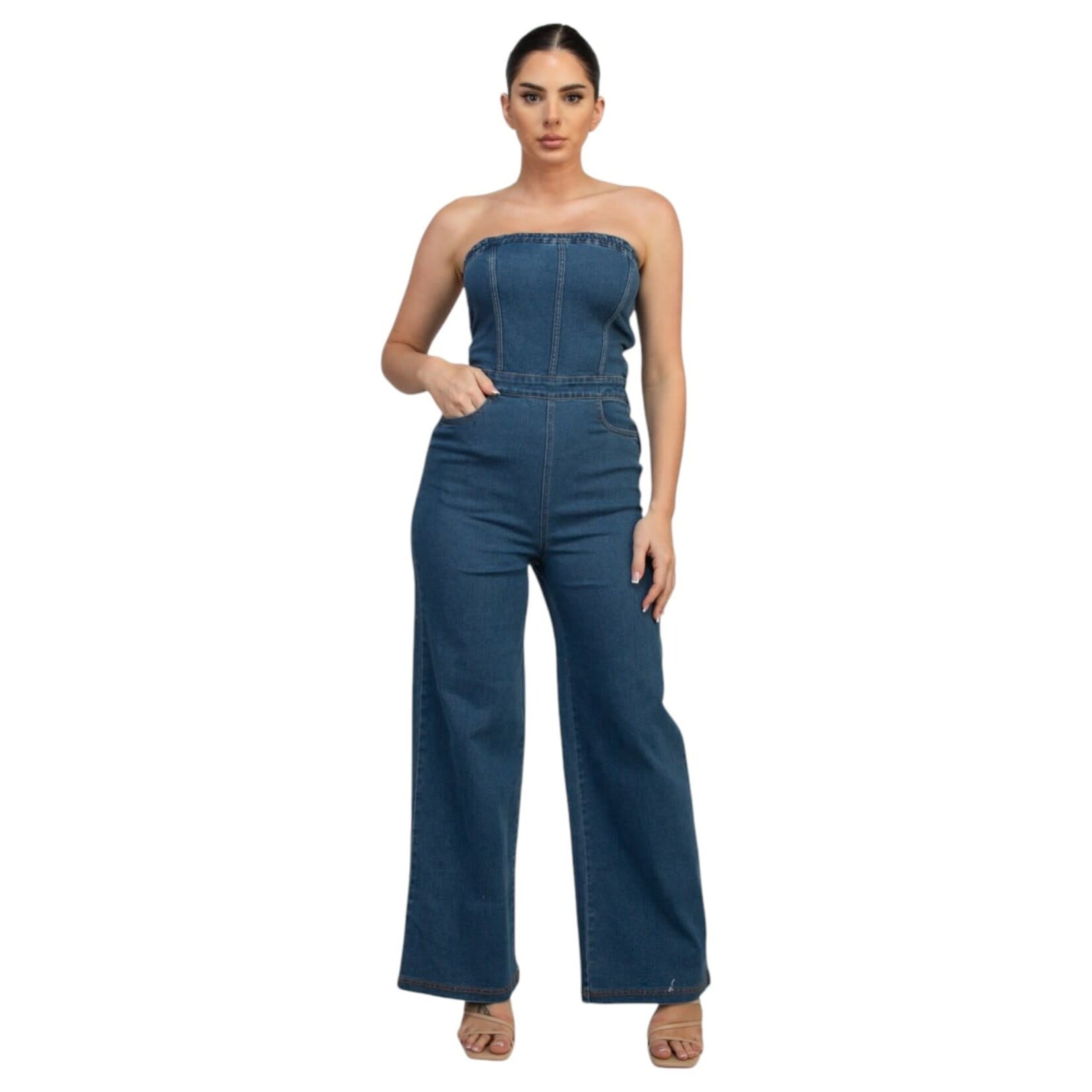 IRIS IRIS ELASTIC TUBE WIDE LEG DENIM JUMPSUIT HMP40893
