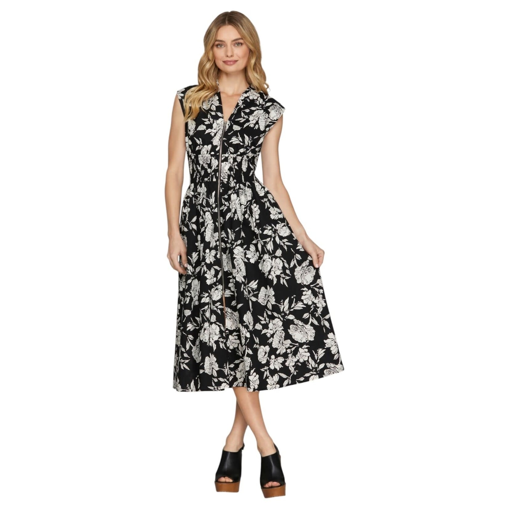 SHE & SKY SHE & SKY SMOCKED WAIST FRONT ZIP MIDI DRESS SY8082