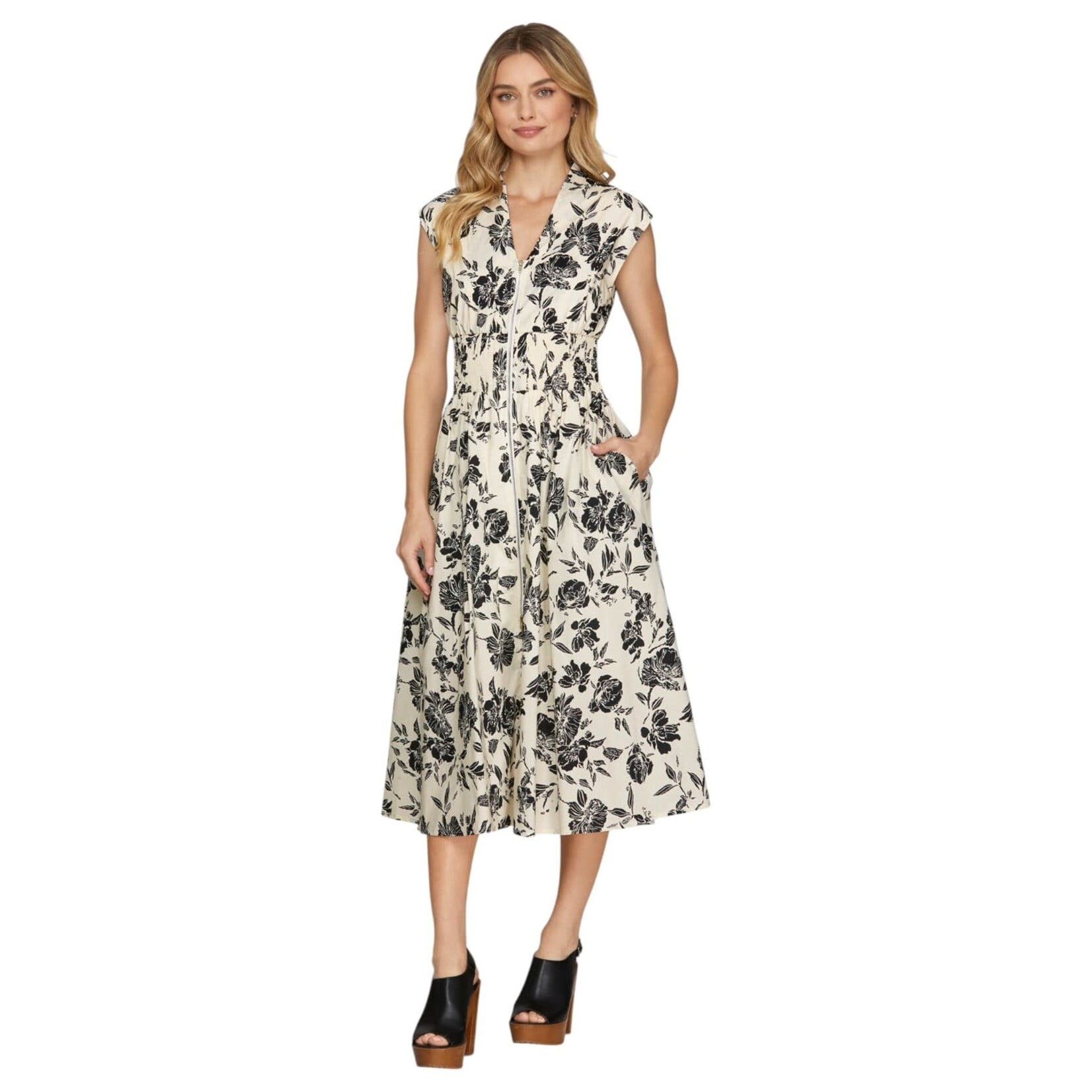 SHE & SKY SHE & SKY SMOCKED WAIST FRONT ZIP MIDI DRESS SY8082