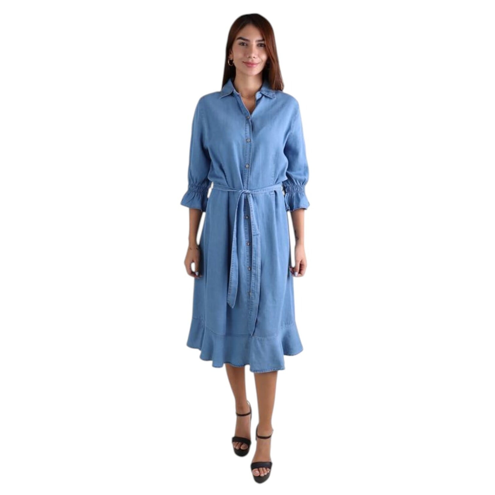 JORDACHE CLOTHING JORDACHE 3/4 SLEEVE SELF TIE BELTED KNEE LENGTH DENIM DRESS 17J-038