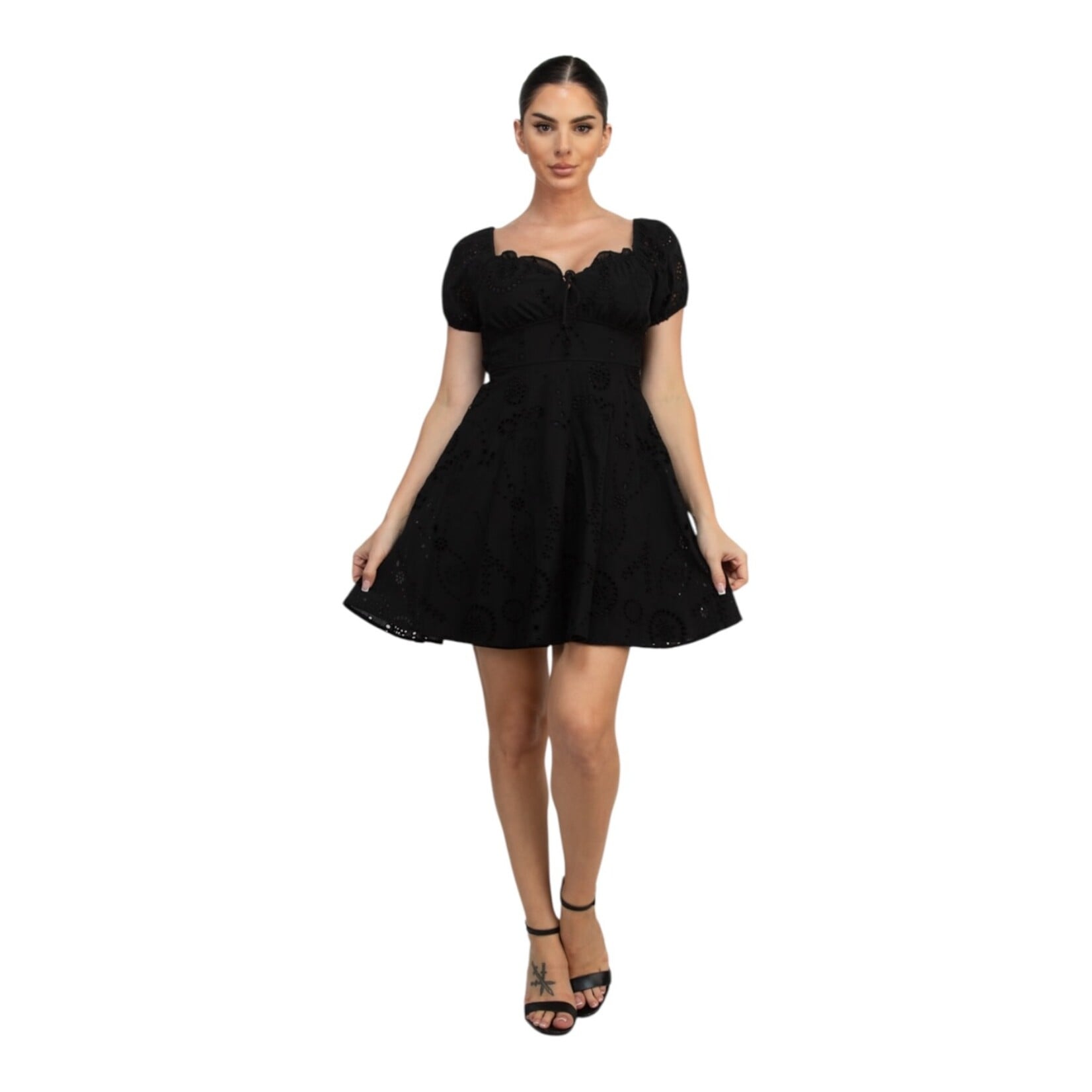 IRIS IRIS EYELET TEXTURED SHORT PUFF SLEEVE DRESS HMD14434