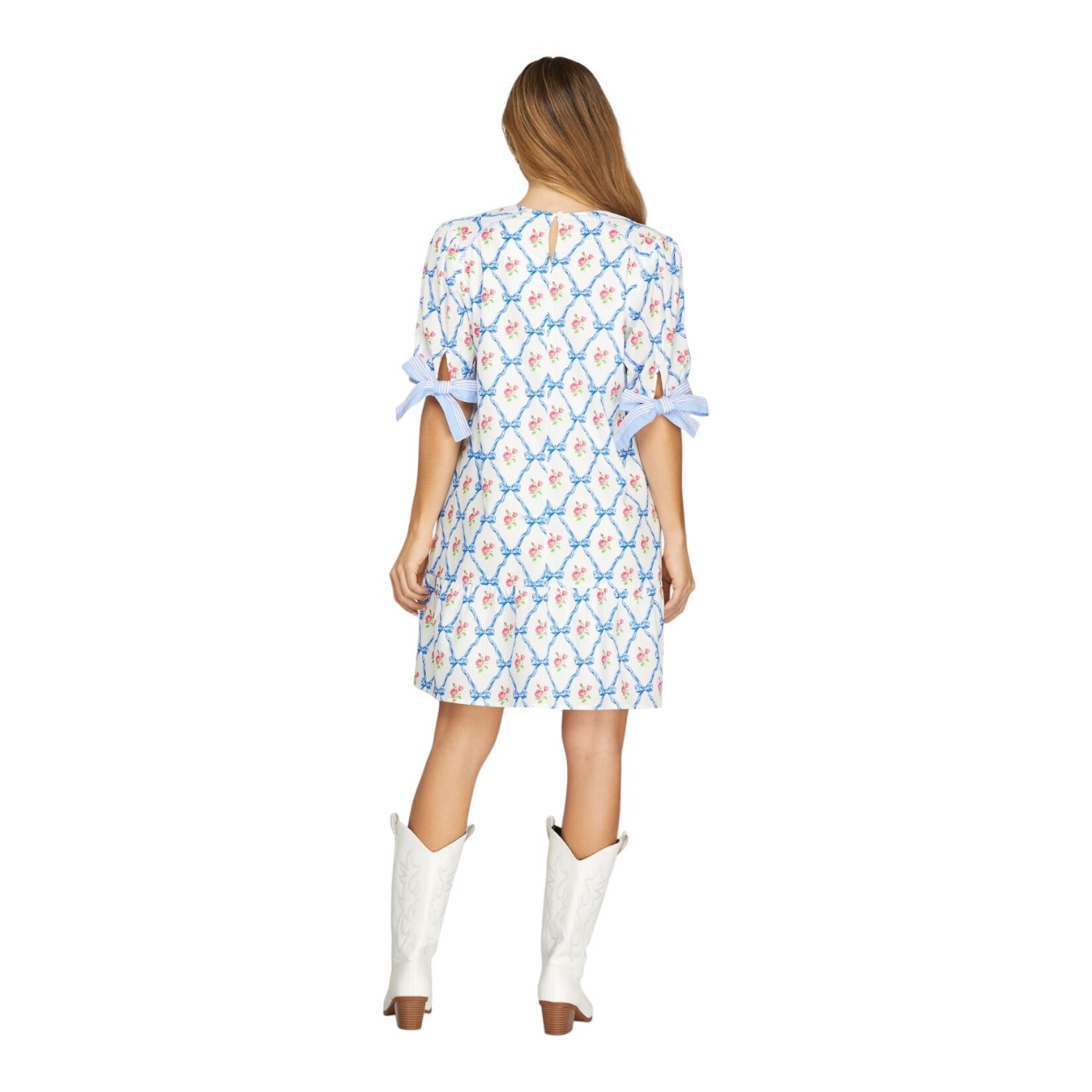 SHE & SKY SHE & SKY WOVEN PRINT TIED SHORT SLEEVE POCKET DRESS SY9097