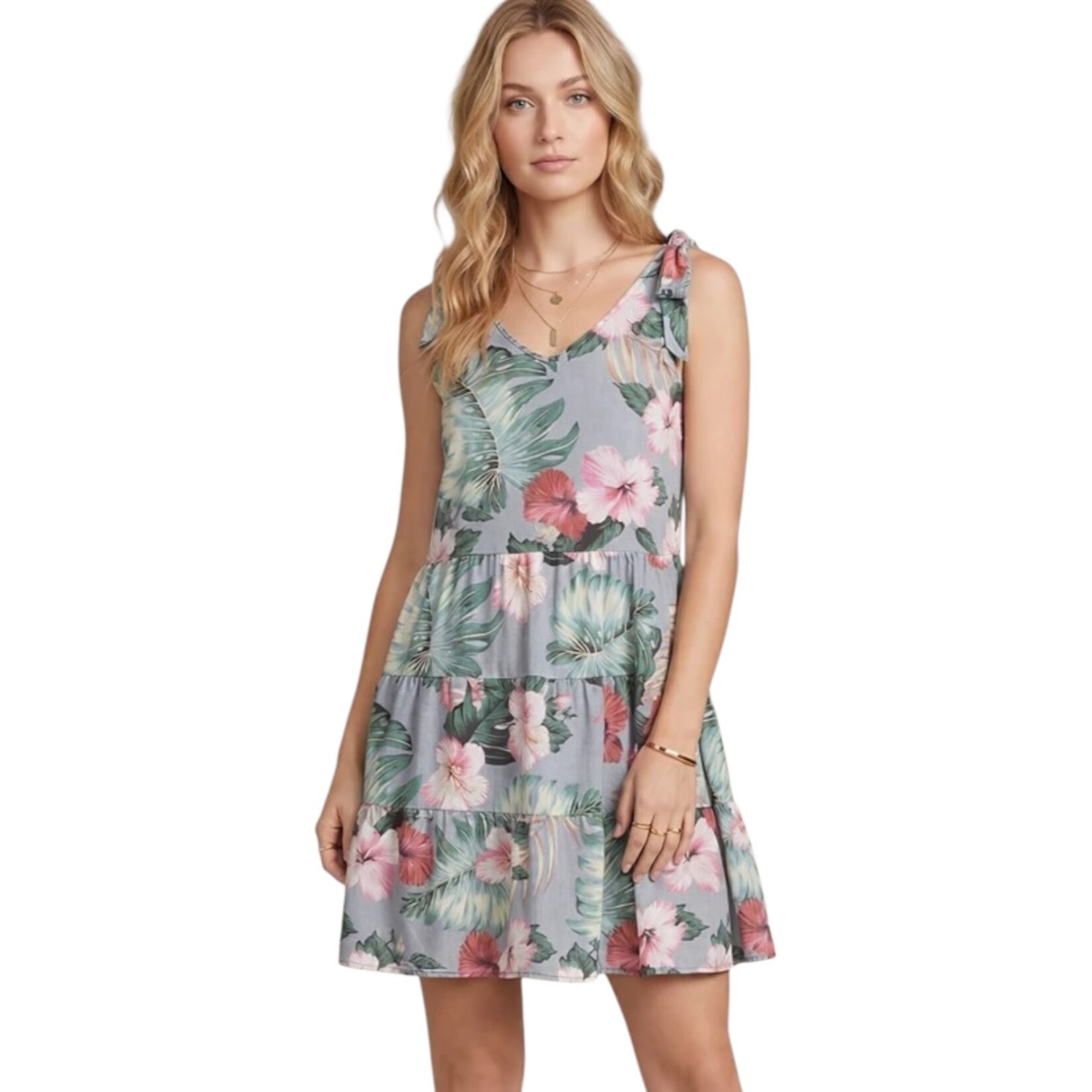 SHE & SKY SHE & SKY BOW SHOULDER WASHED FLORAL PRINT TIERED DRESS SY6948