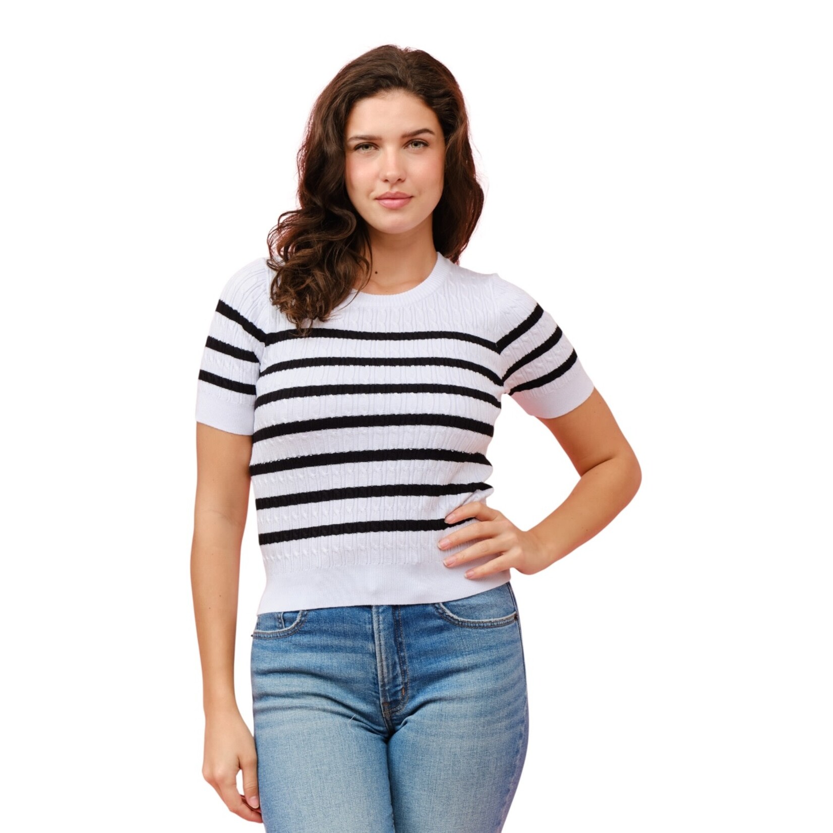 CIELO CIELO STRIPE TWISTED CABLE SHORT SLEEVE SWEATER SW413