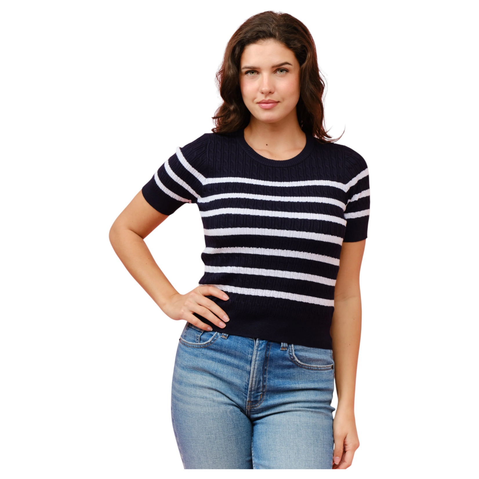 CIELO CIELO STRIPE TWISTED CABLE SHORT SLEEVE SWEATER SW413