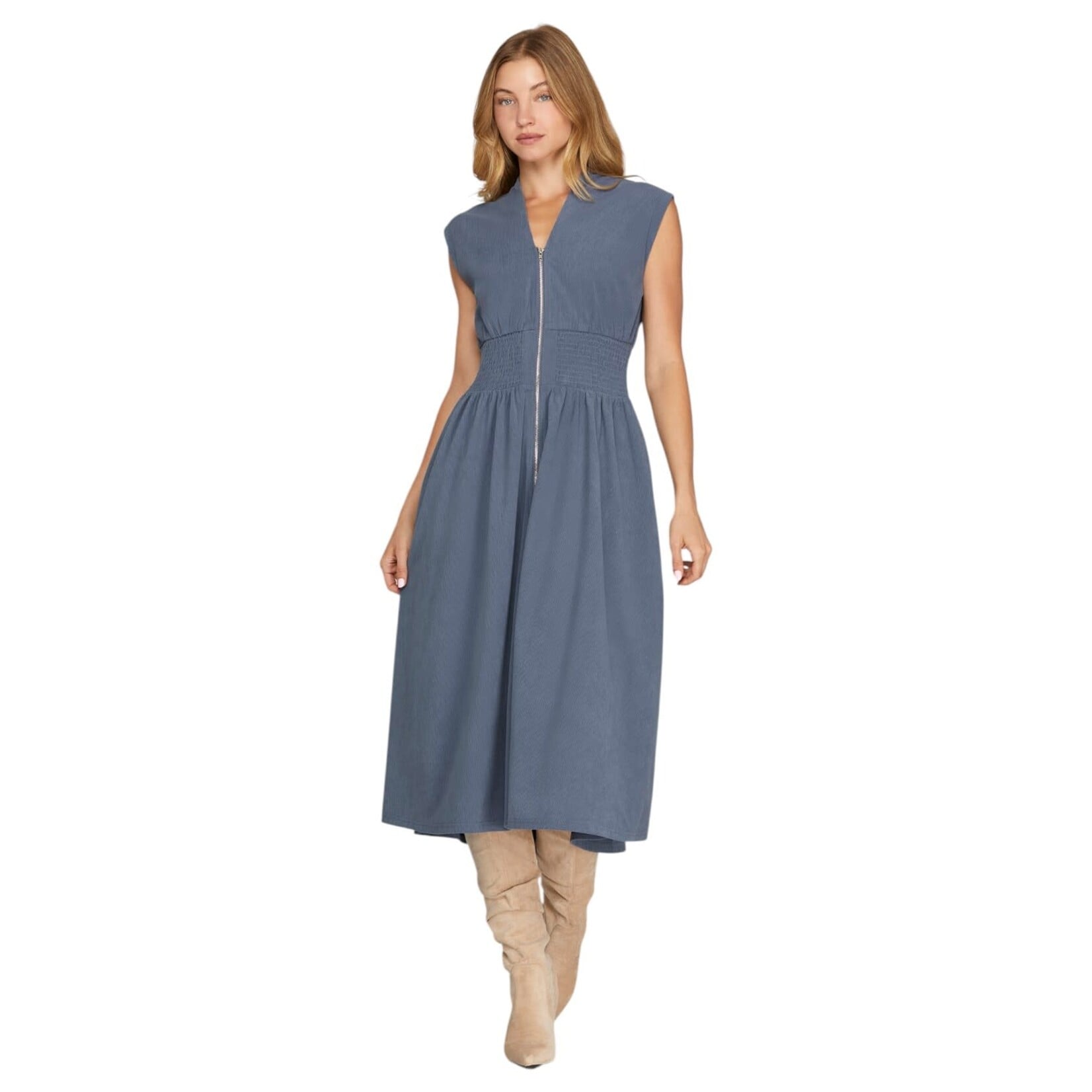 SHE & SKY SHE & SKY ZIPPER SMOCKED WAIST CORDUROY MIDI DRESS SY9090