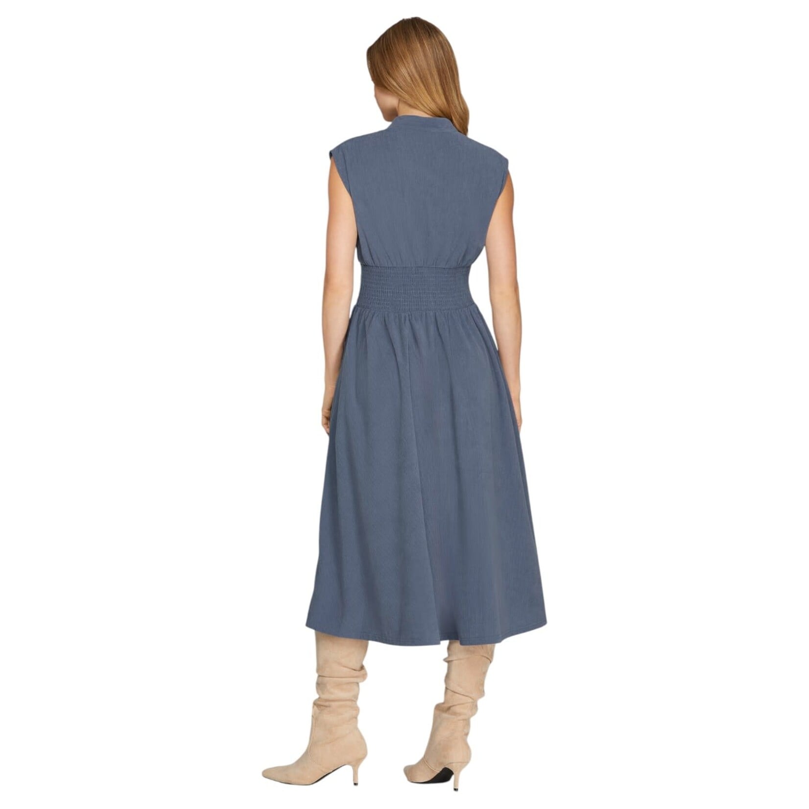 SHE & SKY SHE & SKY ZIPPER SMOCKED WAIST CORDUROY MIDI DRESS SY9090