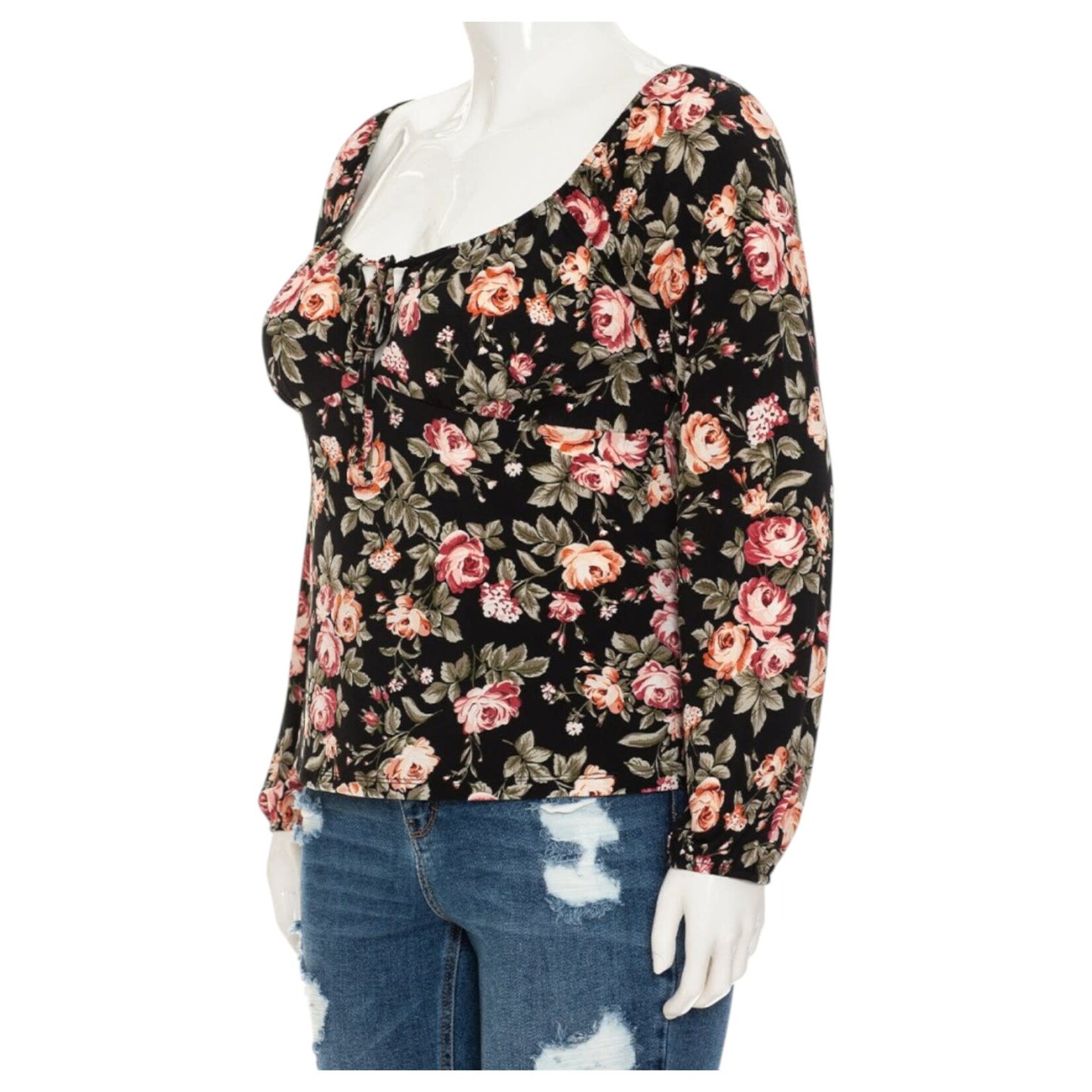 AMBIANCE APPAREL AMBIANCE PLUS FLORAL TIE-FRONT LONG SLEEVE TOP 74647-2XL
