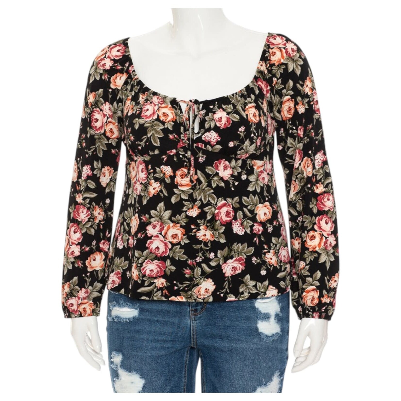 AMBIANCE APPAREL AMBIANCE PLUS FLORAL TIE-FRONT LONG SLEEVE TOP 74647-2XL
