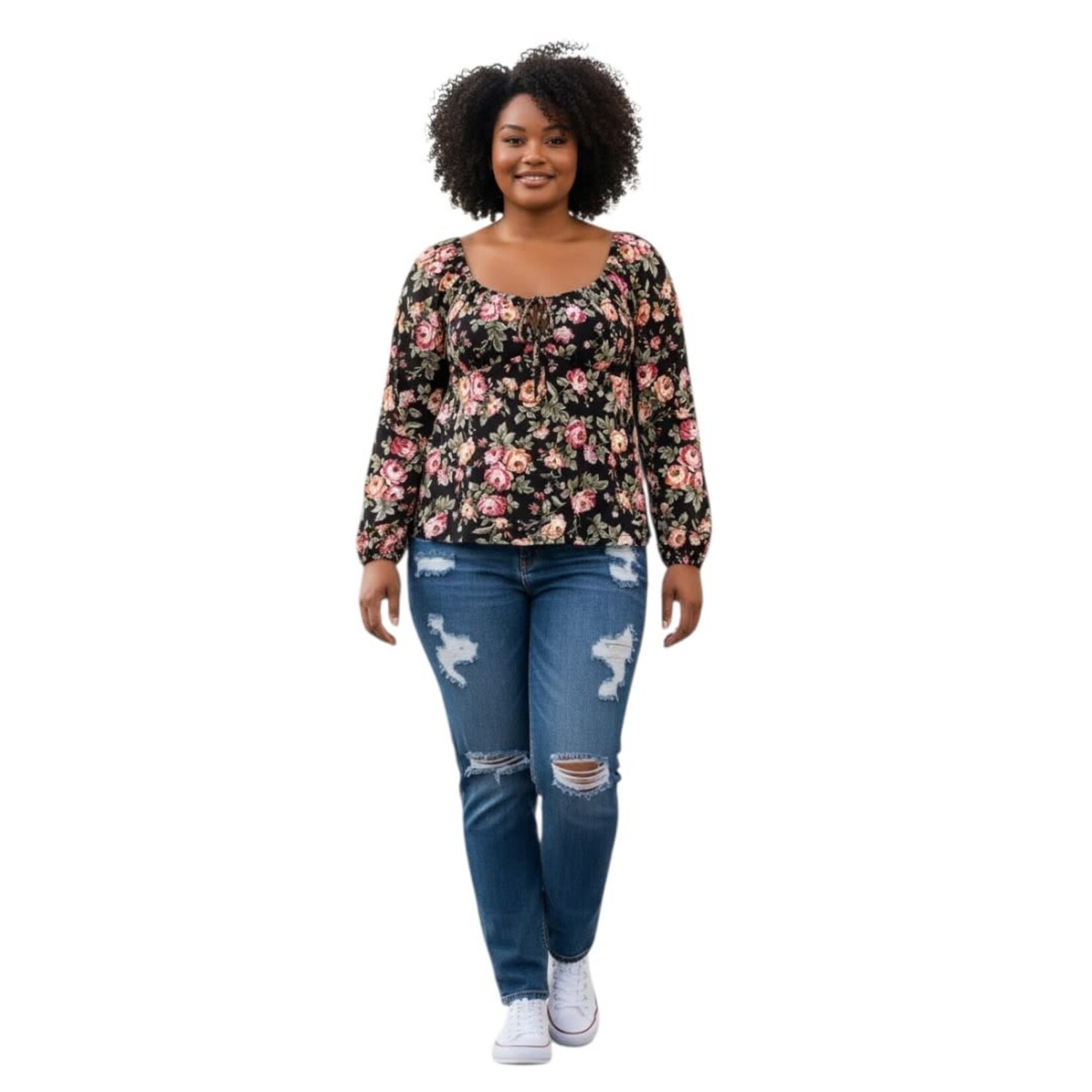 AMBIANCE APPAREL AMBIANCE PLUS FLORAL TIE-FRONT LONG SLEEVE TOP 74647-2XL