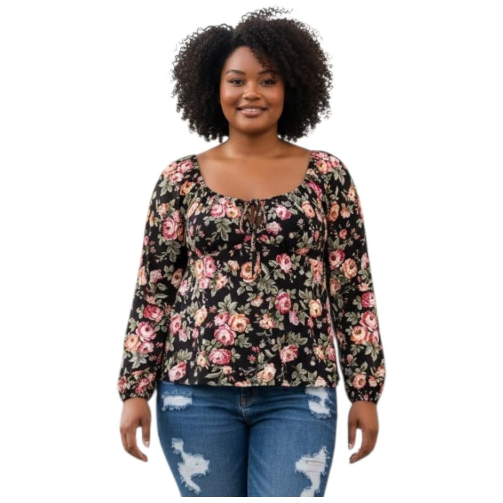 AMBIANCE APPAREL AMBIANCE PLUS FLORAL TIE-FRONT LONG SLEEVE TOP 74647-2XL