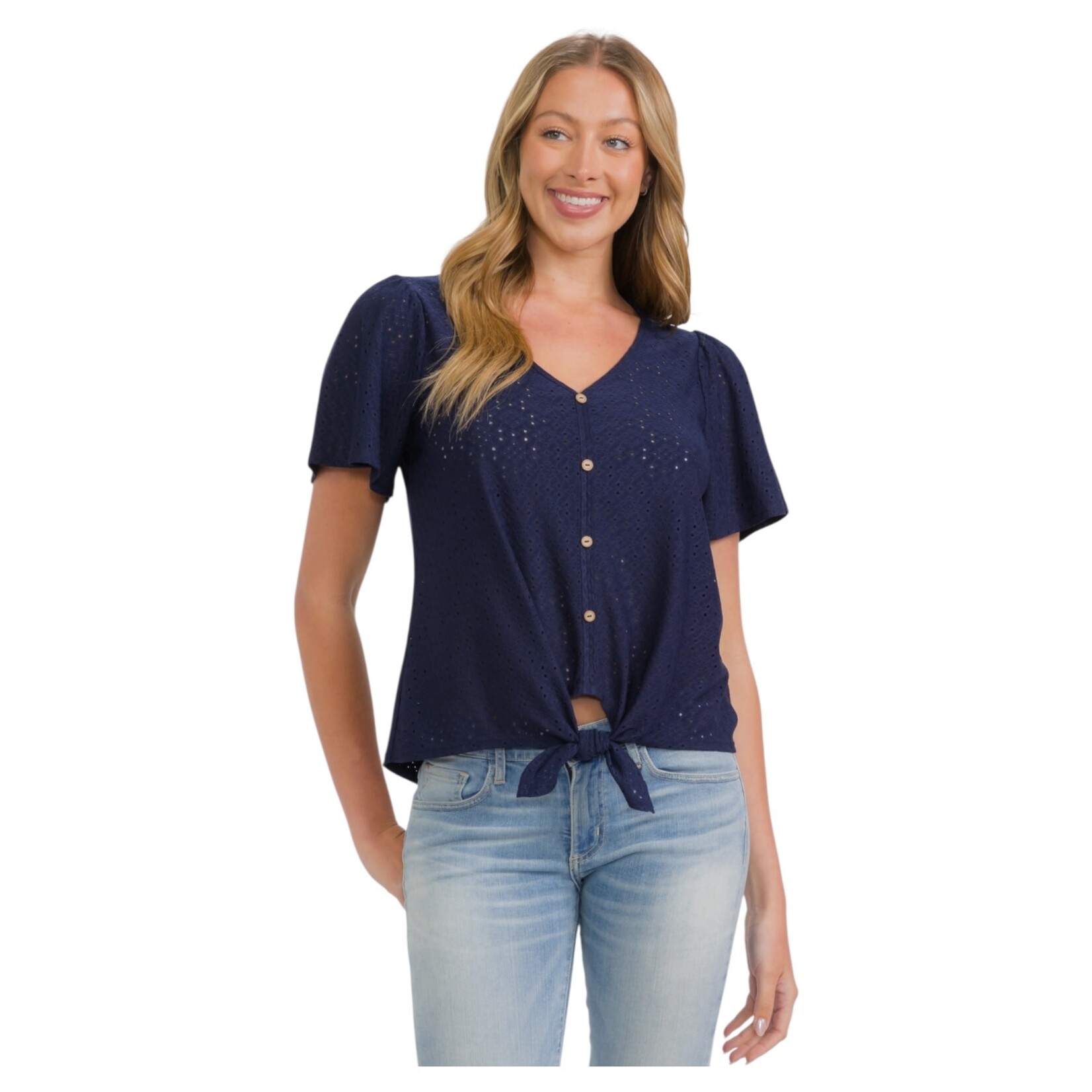 PERSEPTION PERSEPTION SHORT SLEEVE EYELET FLUTTER TIE FRONT TOP TP-MS-2059