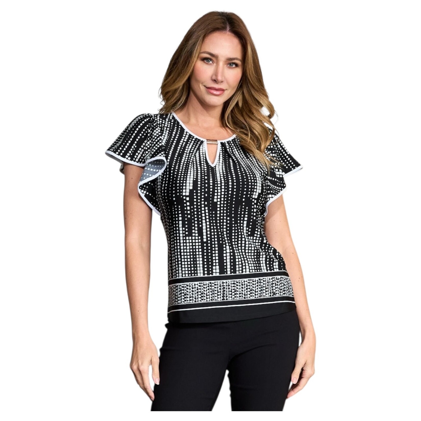 PERSEPTION PERSEPTION SHORT SLEEVE KEYHOLE HARDWARE PIPPING BLOUSE TP-MS-2055
