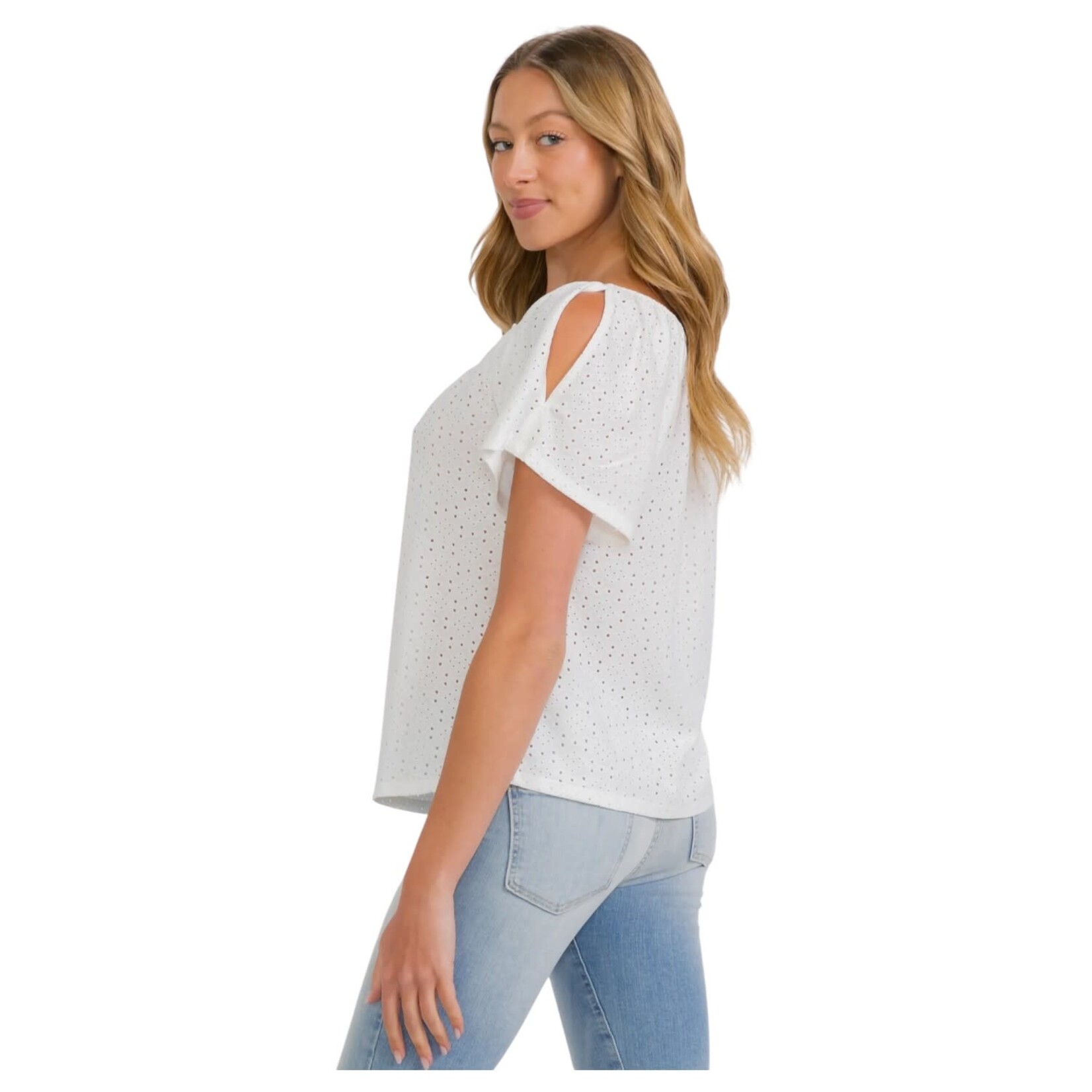 PERSEPTION PERSEPTION EYELET SLIT COLD SHOULDER TOP TP-MS-2066