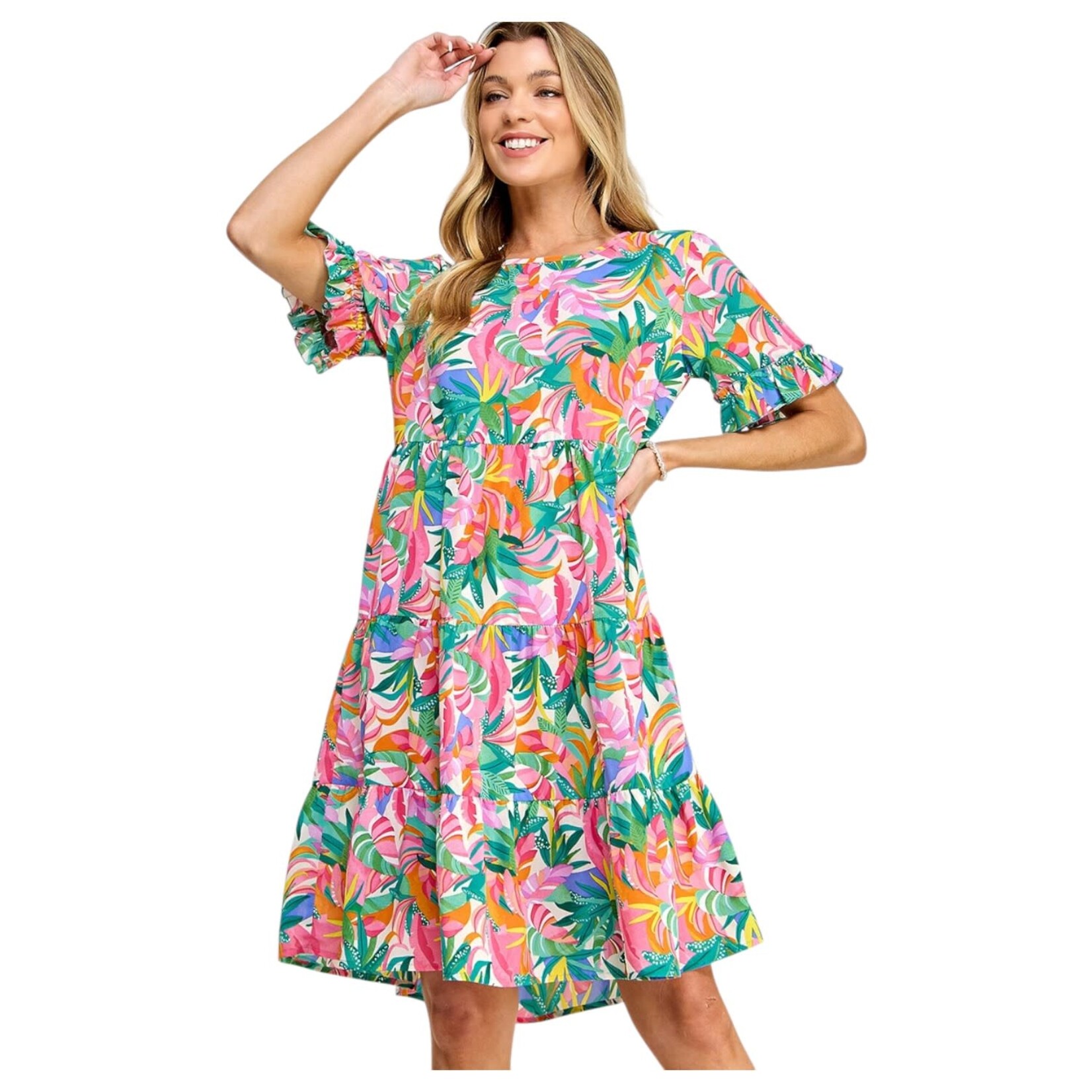 SOLUTION SOLUTION TROPICAL SHORT SLEEVE MINI DRESS S-26154