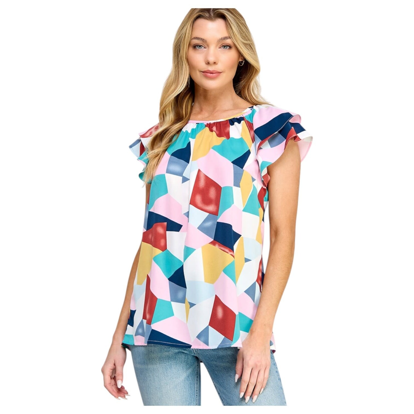SOLUTION SOLUTION RUFFLE CAP SLEEVE GEO PRINT TOP S-26233