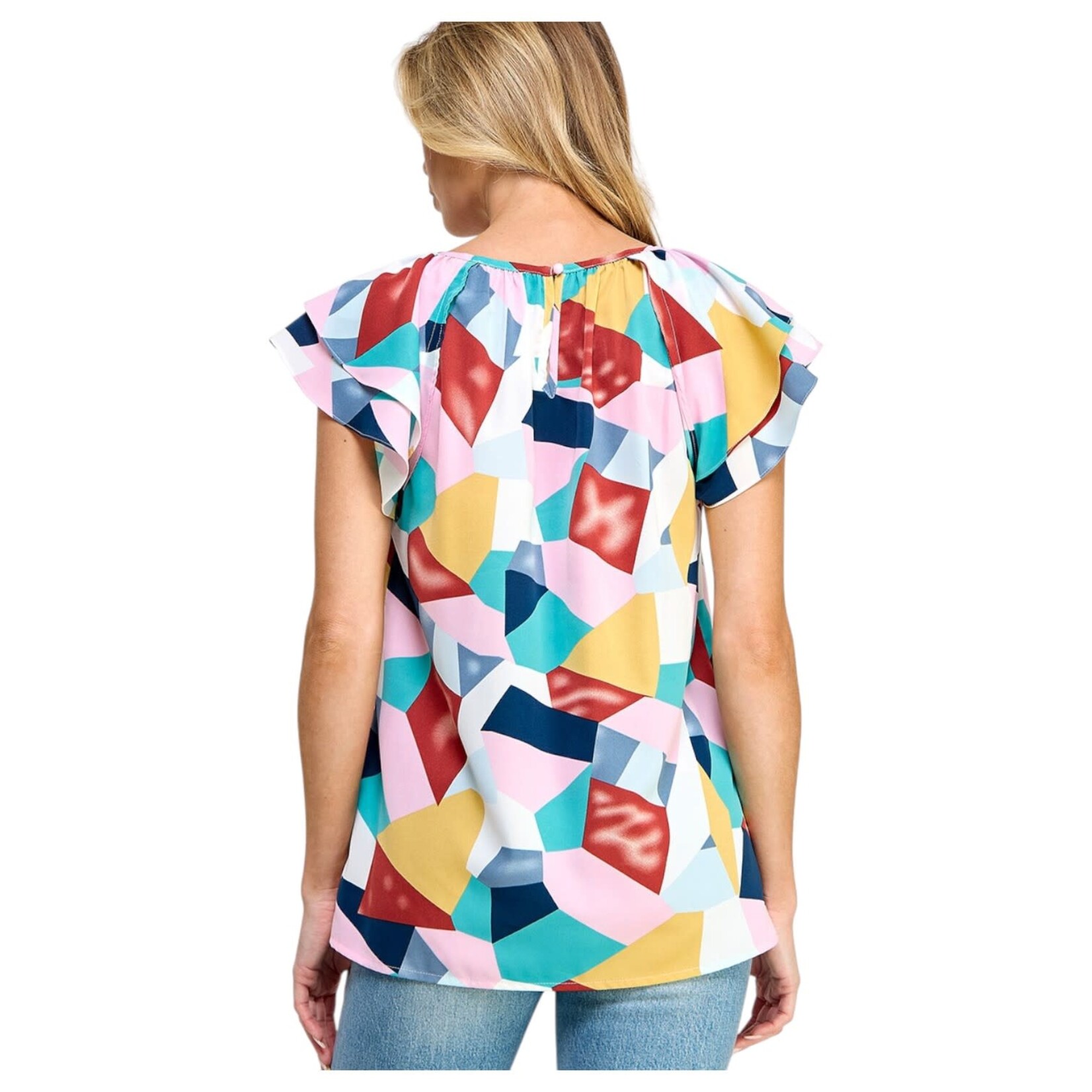 SOLUTION SOLUTION RUFFLE CAP SLEEVE GEO PRINT TOP S-26233