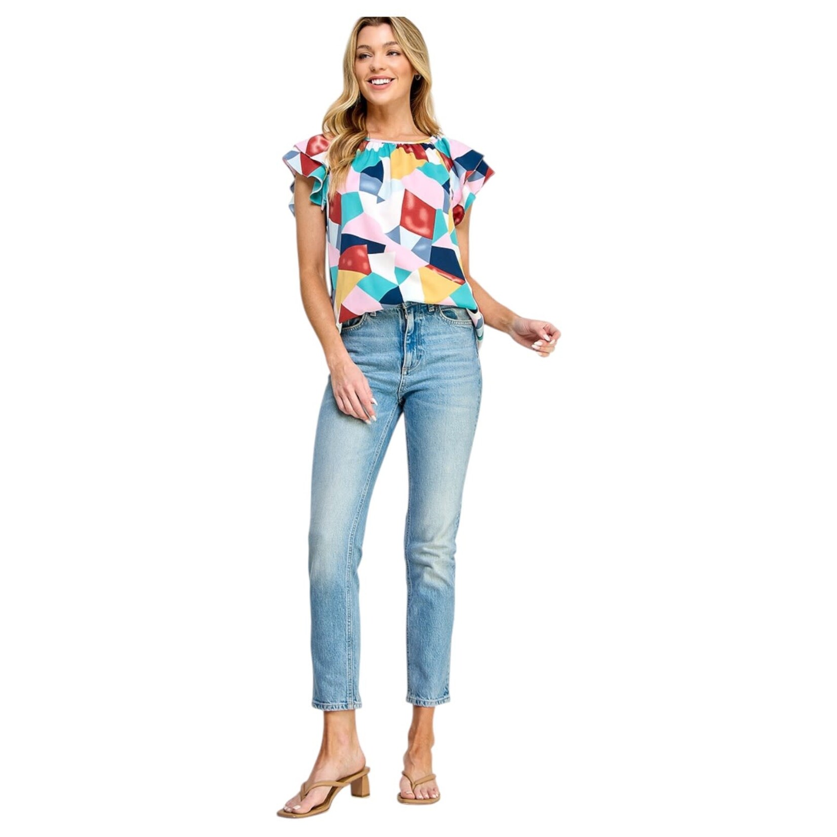 SOLUTION SOLUTION RUFFLE CAP SLEEVE GEO PRINT TOP S-26233