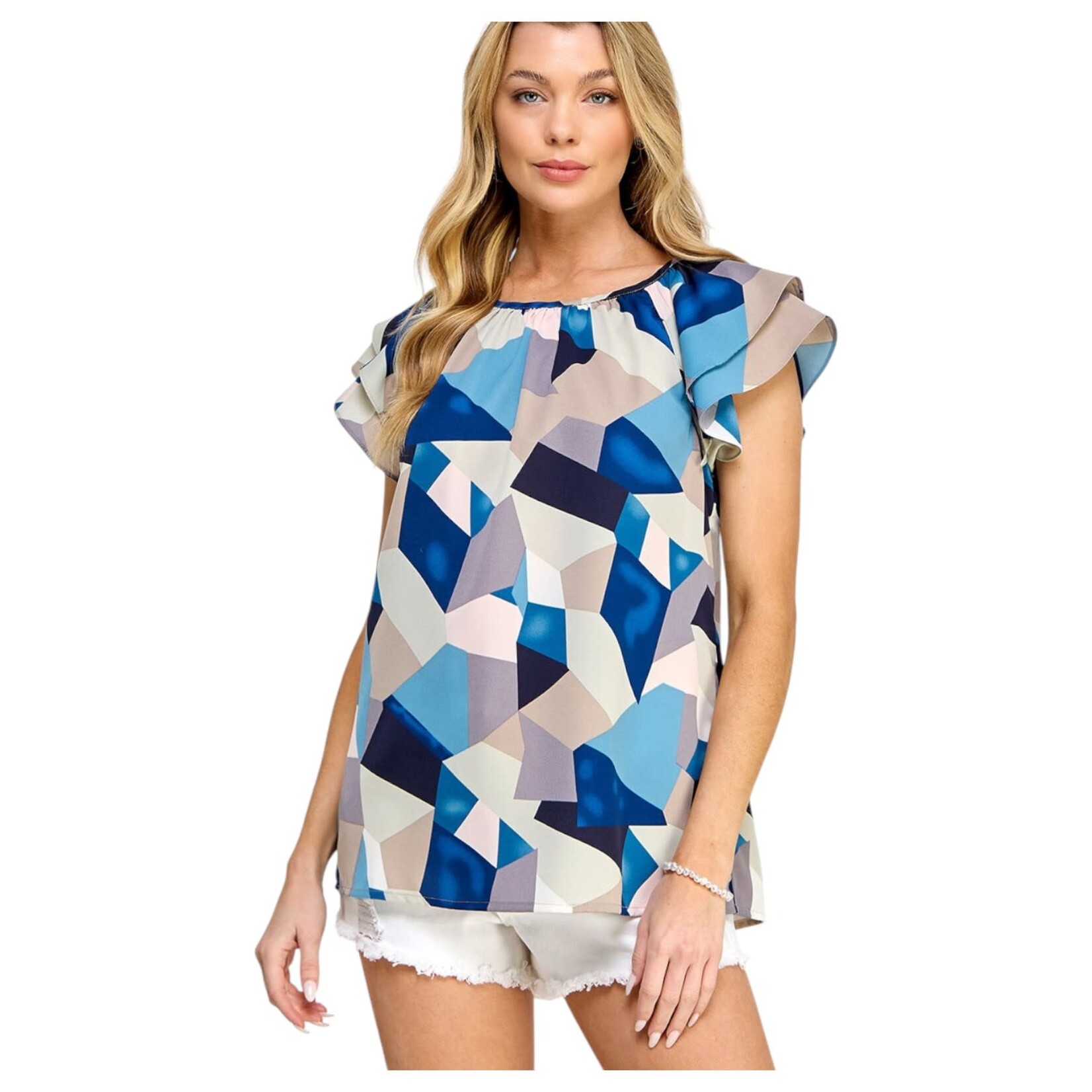 SOLUTION SOLUTION RUFFLE CAP SLEEVE GEO PRINT TOP S-26233