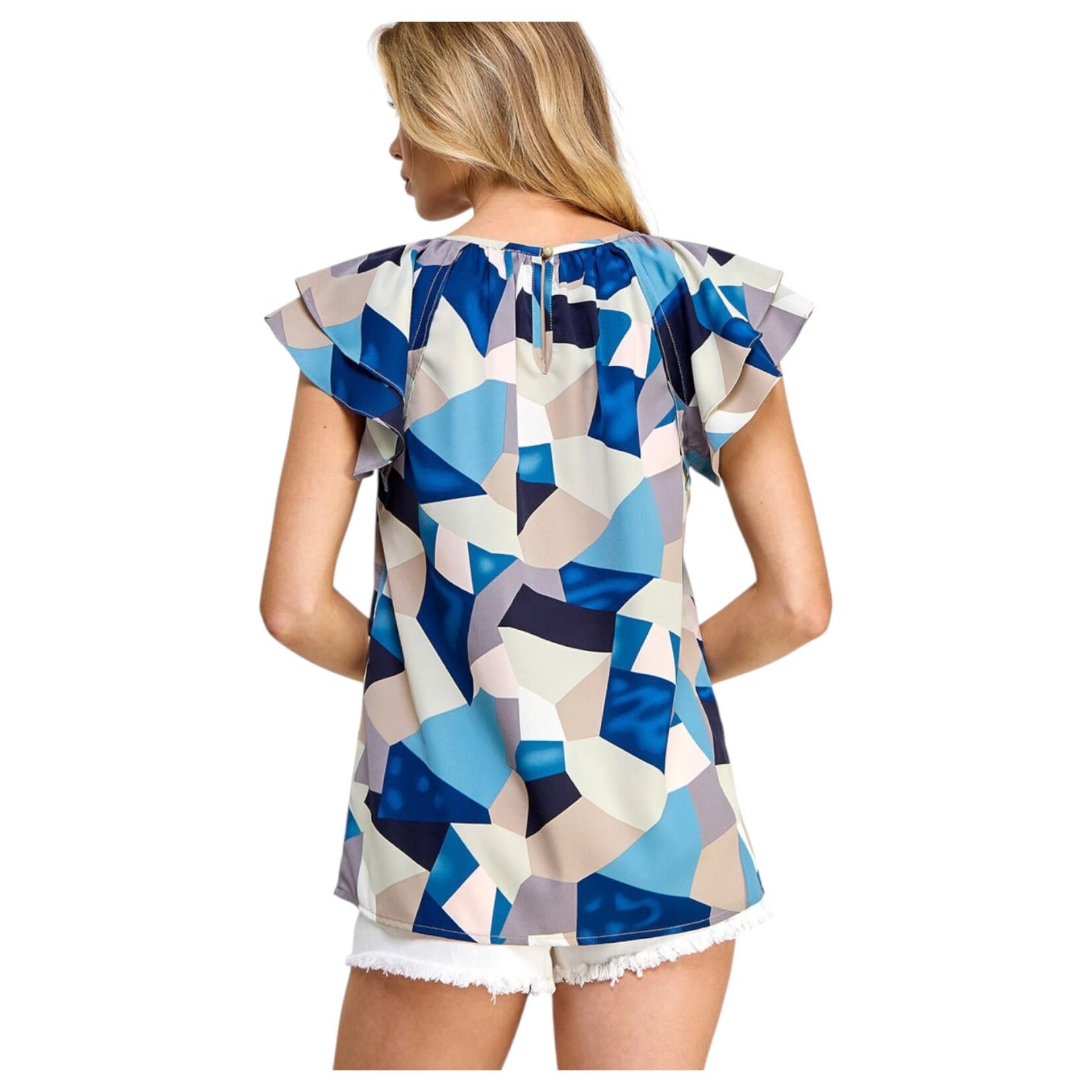 SOLUTION SOLUTION RUFFLE CAP SLEEVE GEO PRINT TOP S-26233