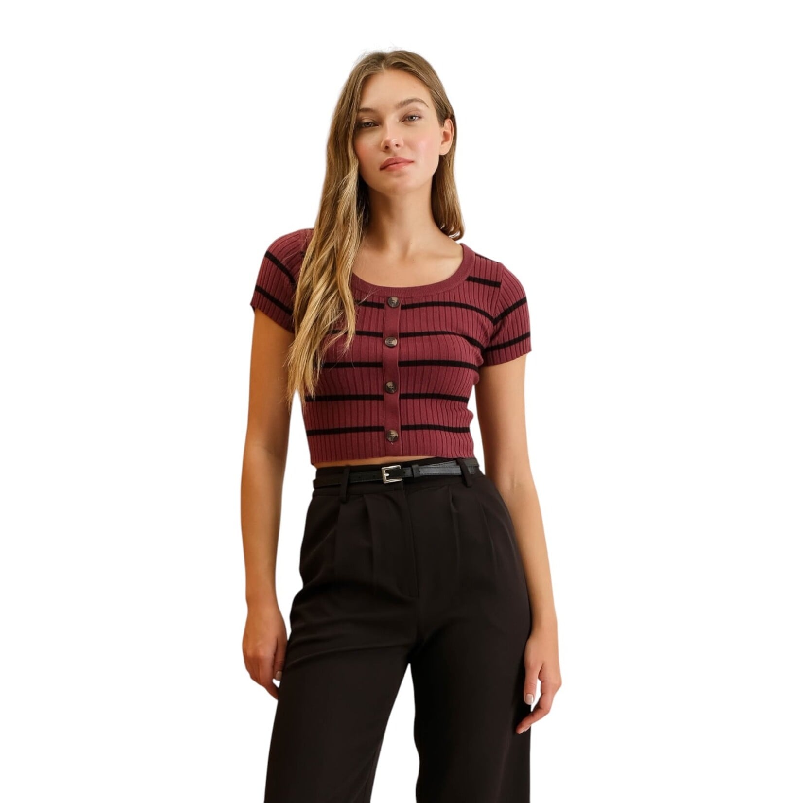 BLU PEPPER BLU PEPPER STRIPE SHORT SLEEVE BUTTON DOWN KNIT CROP TOP TW1409