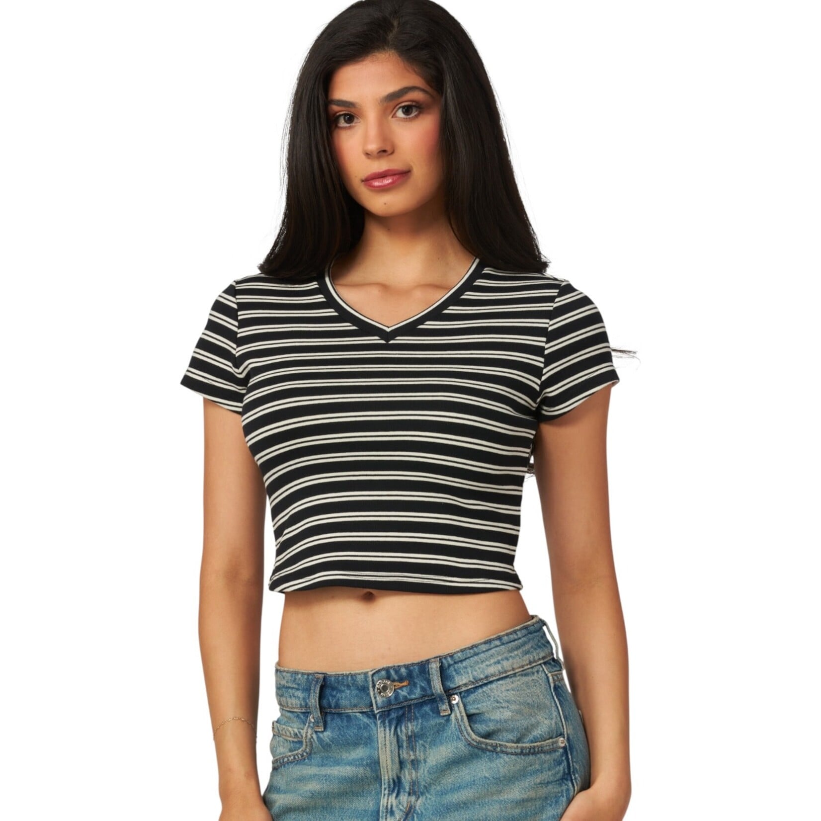 LOVE POEM LOVE POEM STRIPED V-NECK CROP TEE MIU-08