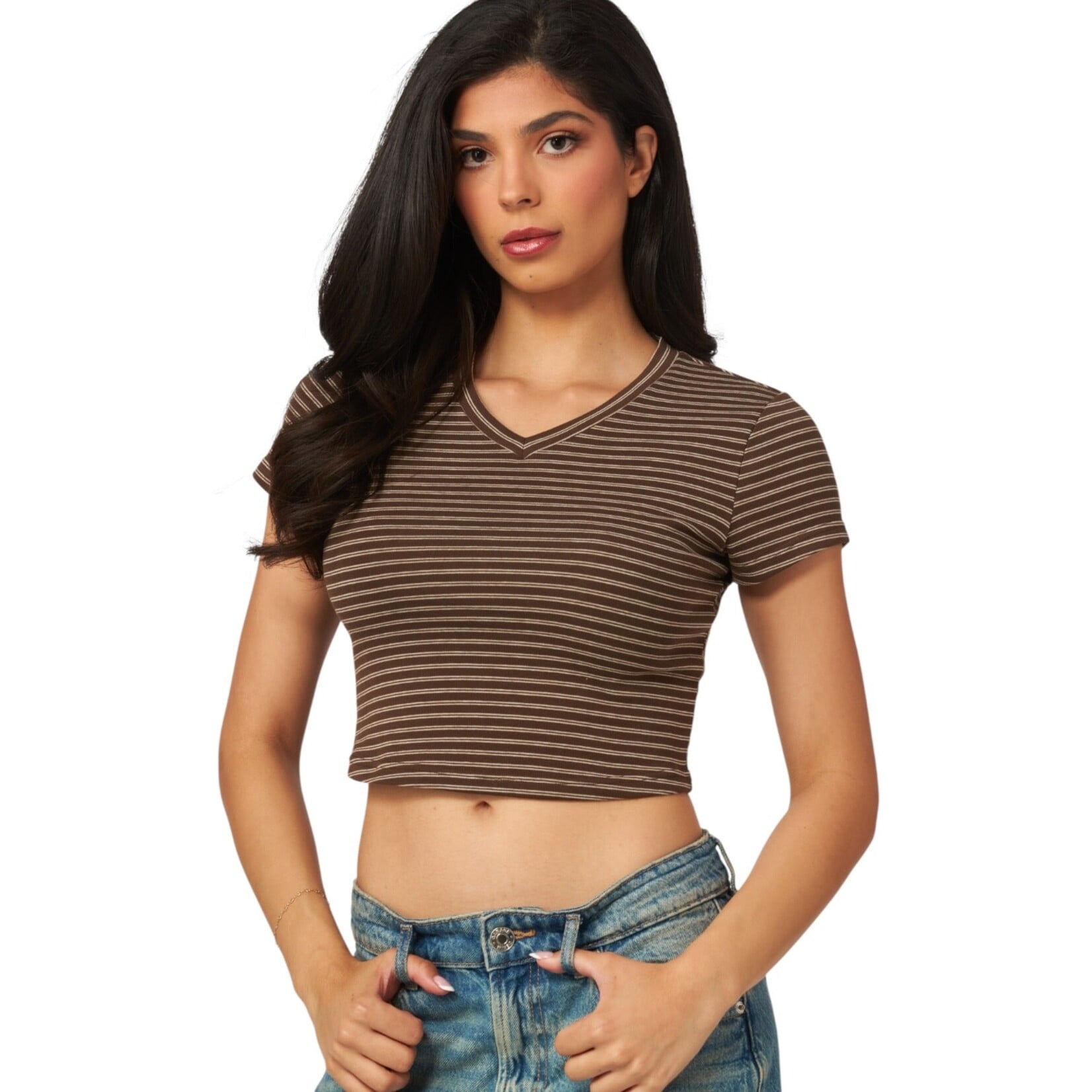 LOVE POEM LOVE POEM STRIPED V-NECK CROP TEE MIU-08