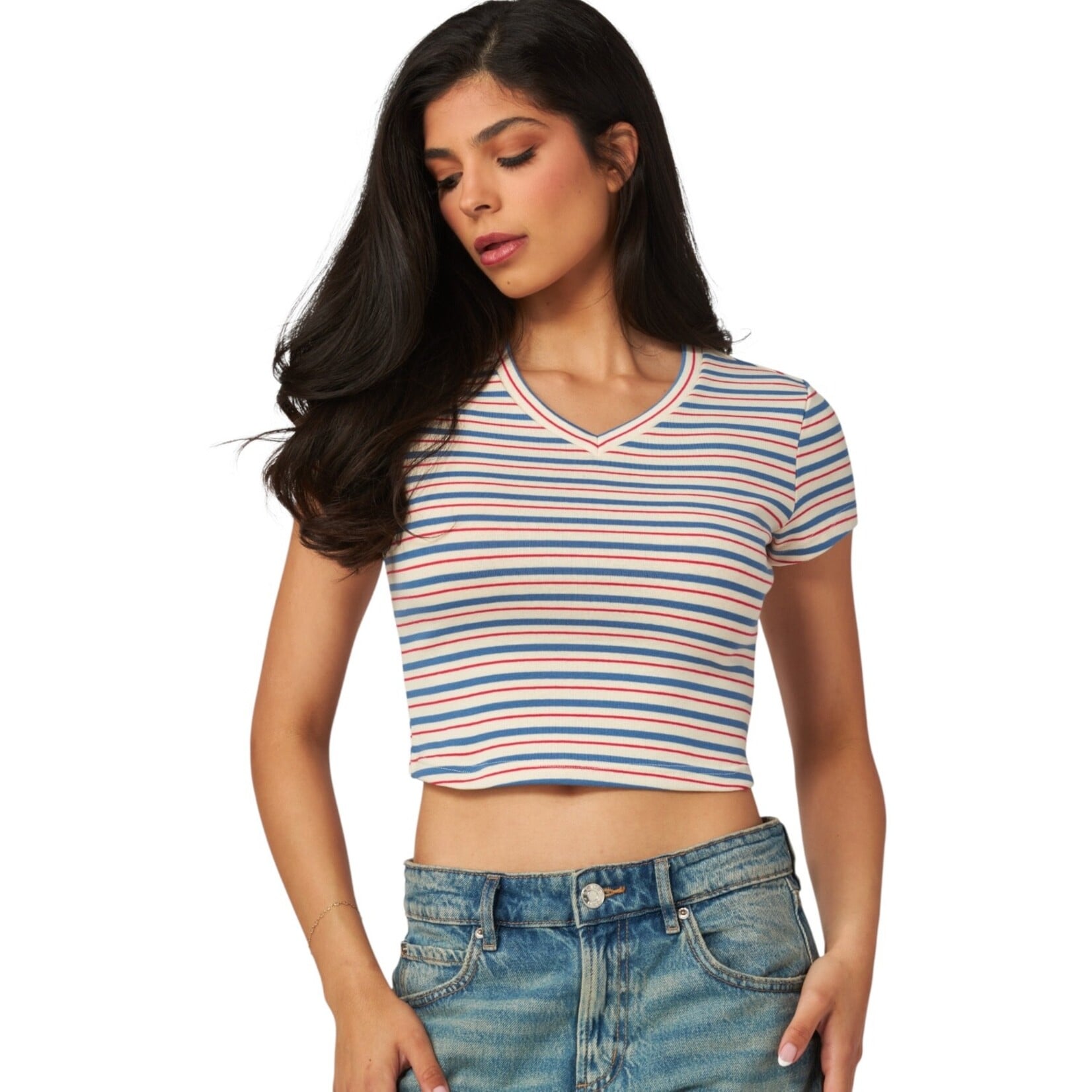 LOVE POEM LOVE POEM STRIPED V-NECK CROP TEE MIU-08