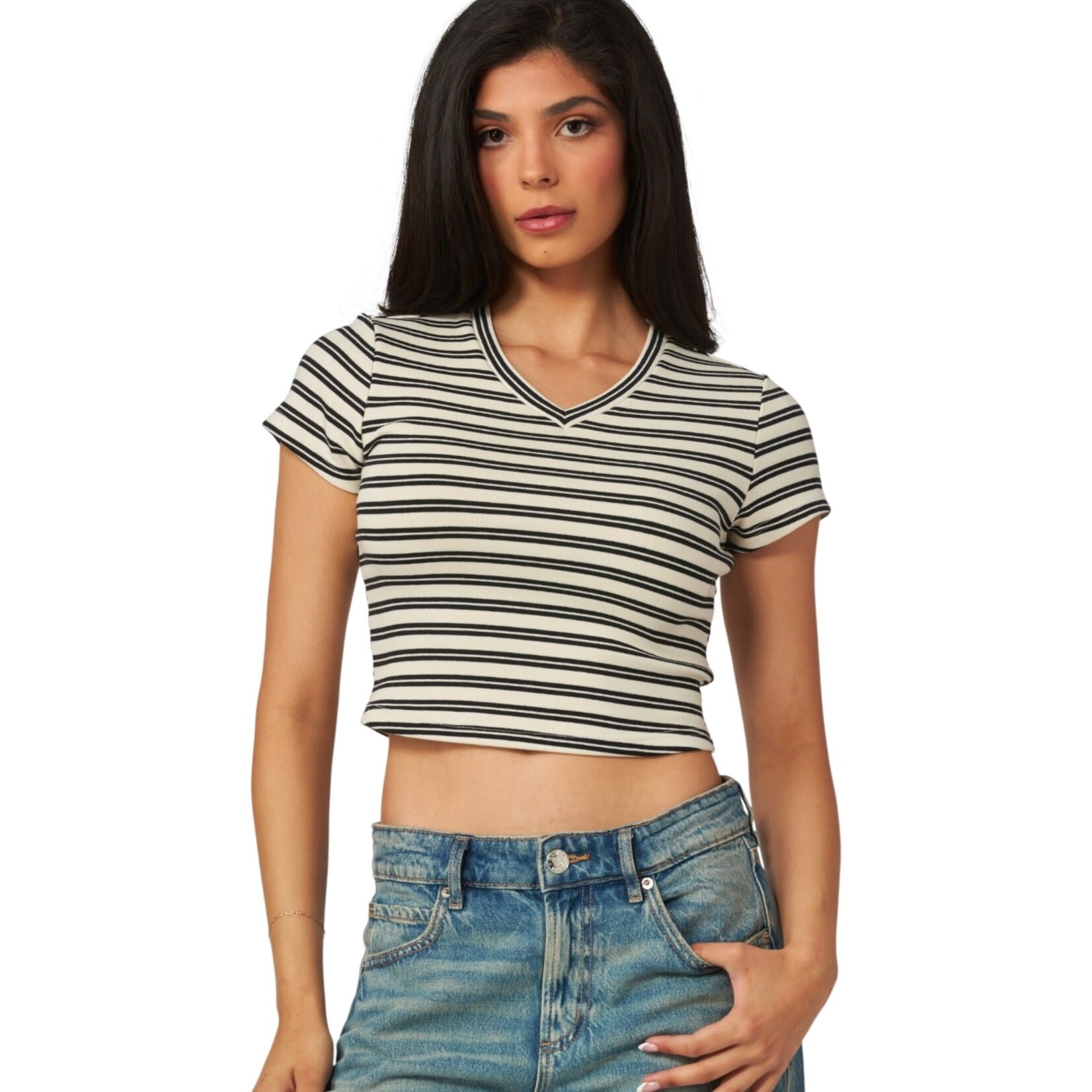 LOVE POEM LOVE POEM STRIPED V-NECK CROP TEE MIU-08